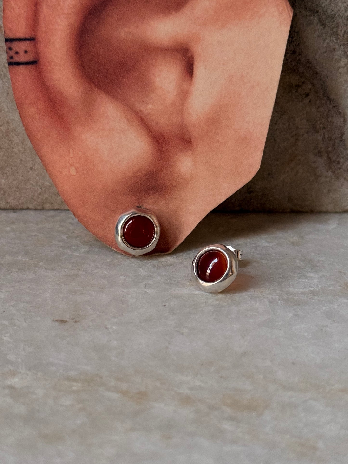 925 sterling silver Carnelian Cab Stone Round Stud Earrings