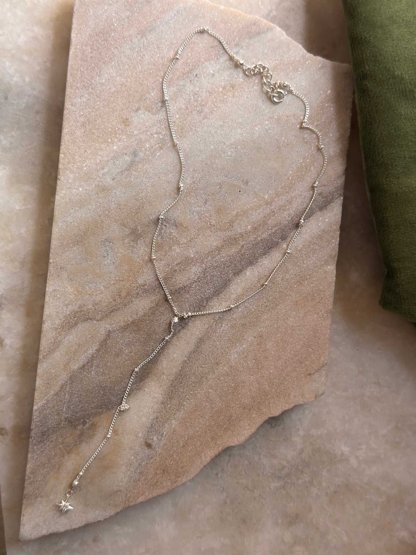 925 Sterling Silver White Topaz North Star Charm ~Cable Dot Handcrafted Mid Lariat Necklace