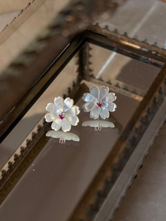 925 Sterling Silver Mother of Pearl Flower Carved Lab Grown Ruby Tiny Studs- 2 in 1