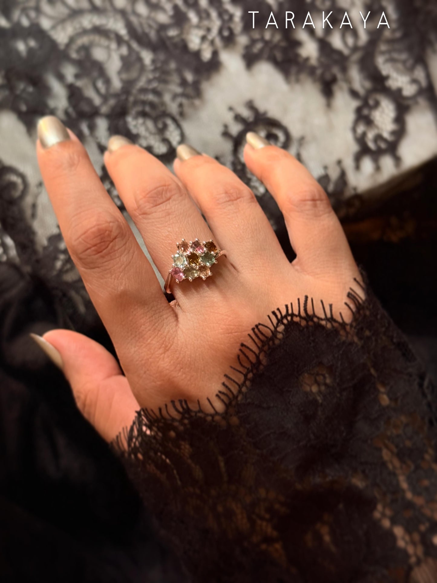 925 Sterling Silver Multi Tourmaline Flower Statement Ring