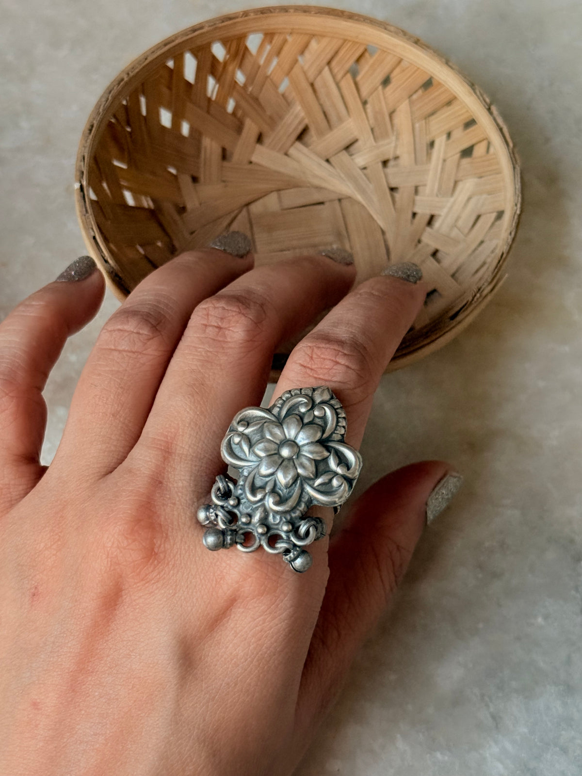 925 Sterling Silver Antique Ghungroo Handcrafted Adjustable Ring