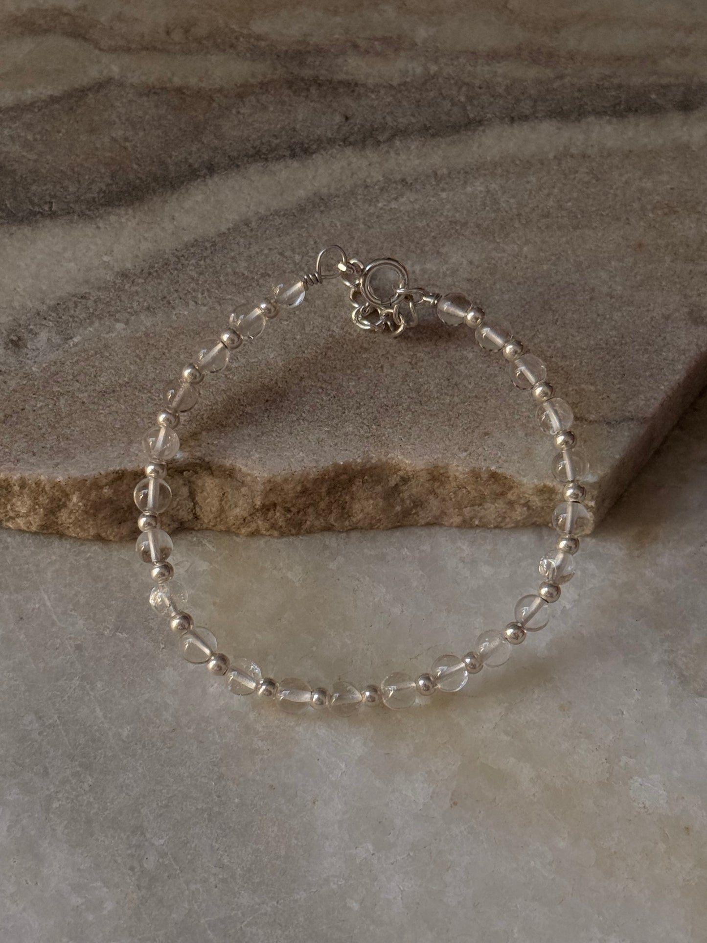 925 Sterling Silver Clear Quartz 4mm Silver Beads Bracelet- Beaded in Pure Silver 925 Wire