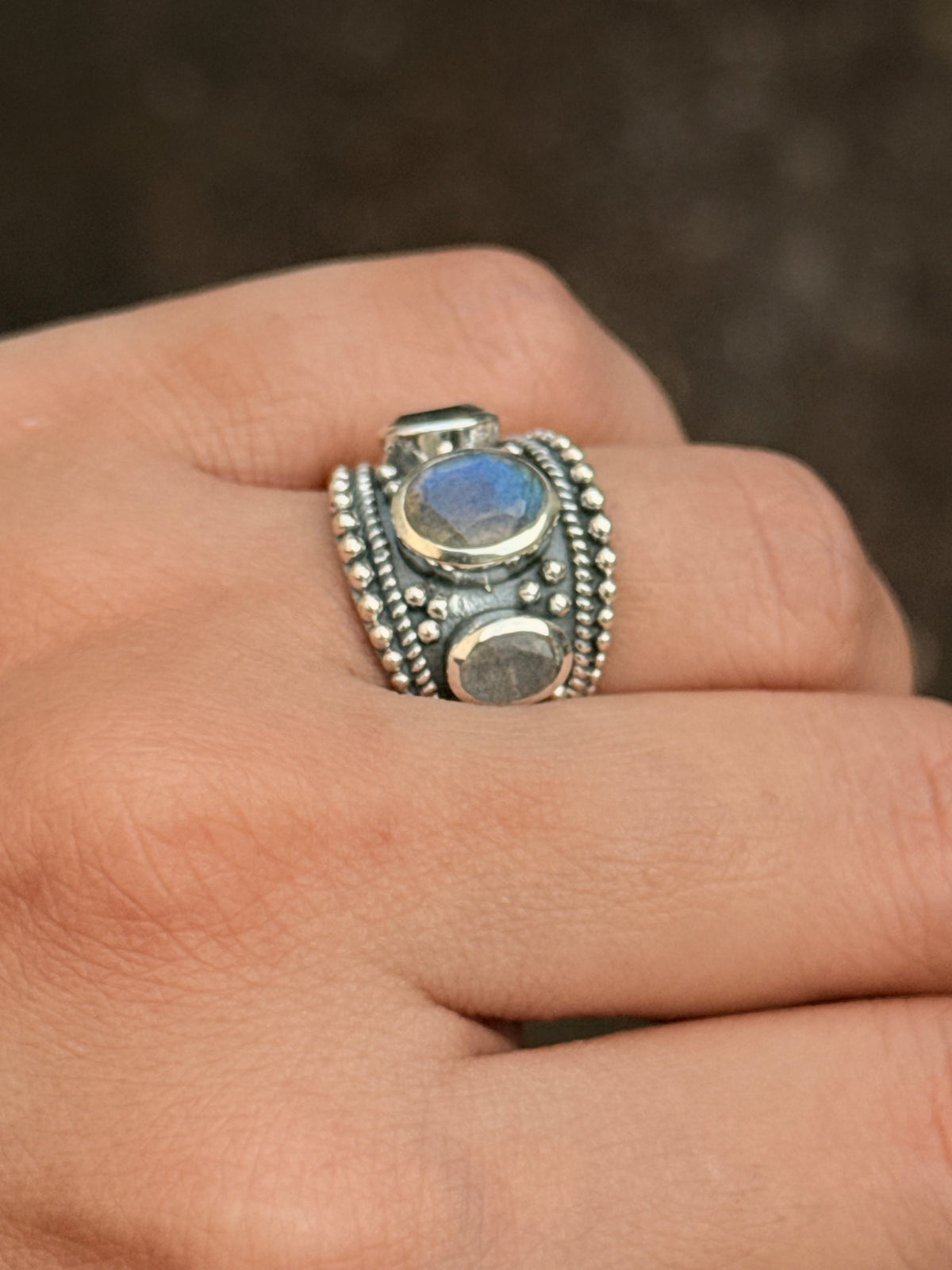925 Sterling Silver Labradorite 3 Stones Boho Statement Stackable Ring