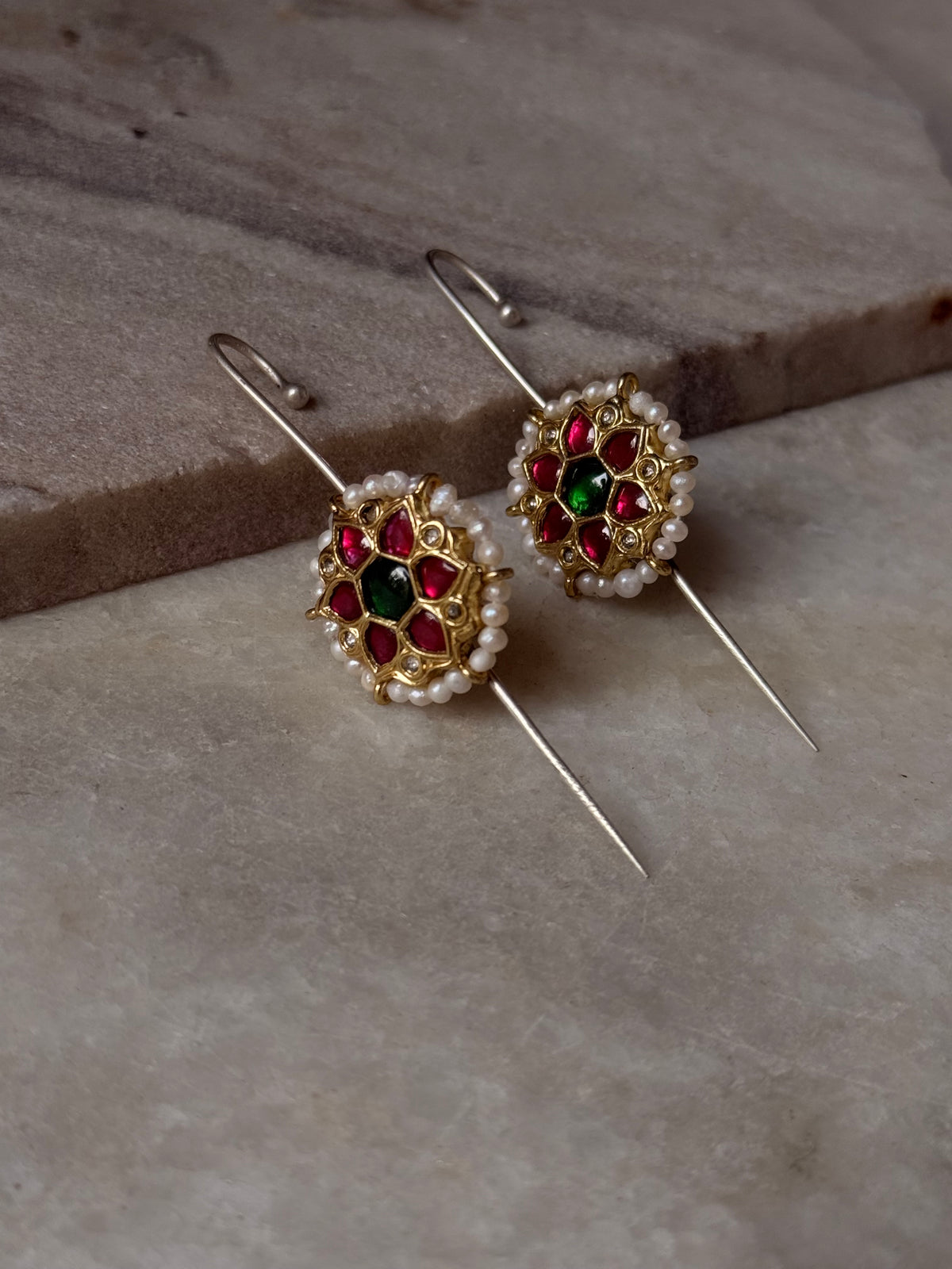 925 Sterling Silver Gold Plated Pink & Green Stone Kundan & Fresh Water Pearls Pirohi Full Ear Cuffs - Dual Tone