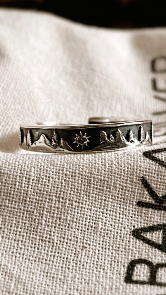 Outdoor-Inspired Adjustable Silver Ring with Pine Trees, Sun, and Mountain Motif