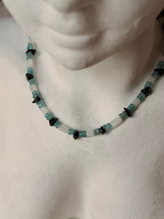 Black Tourmaline, Apatite & Moonstone 925 Sterling Silver Necklace