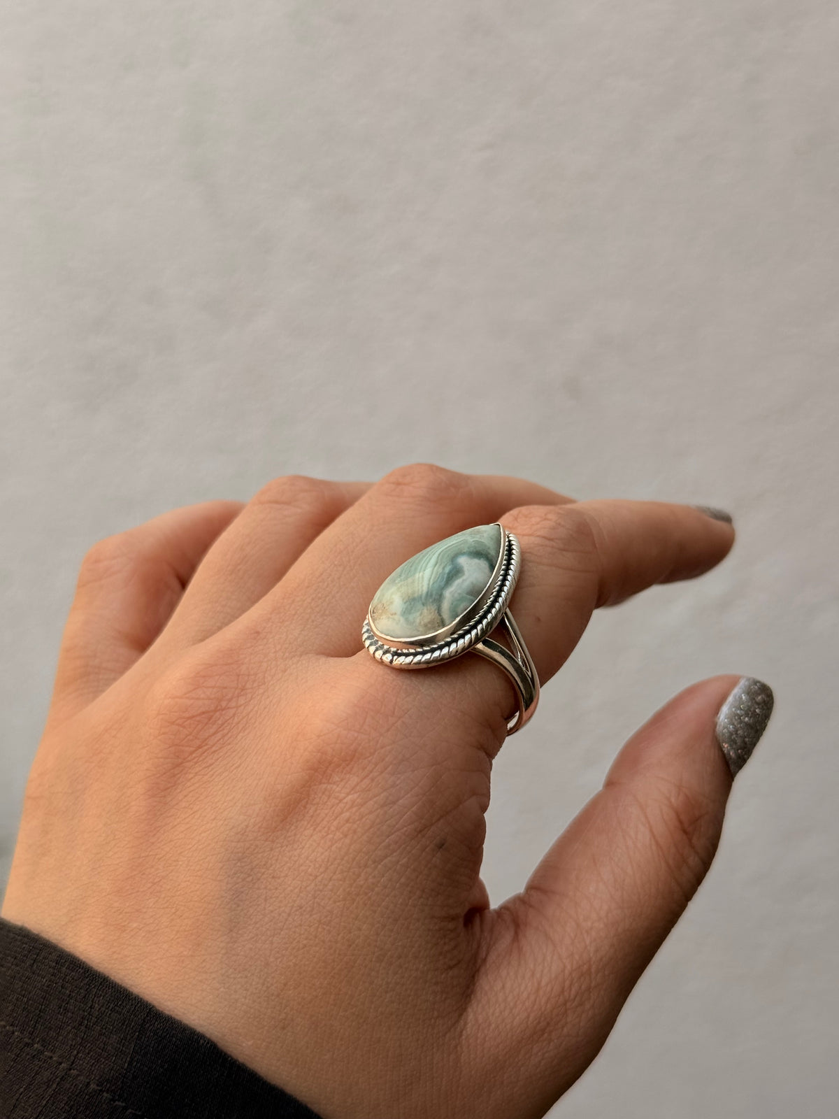 925 Sterling Silver Blue Agate Pear Boho Ring