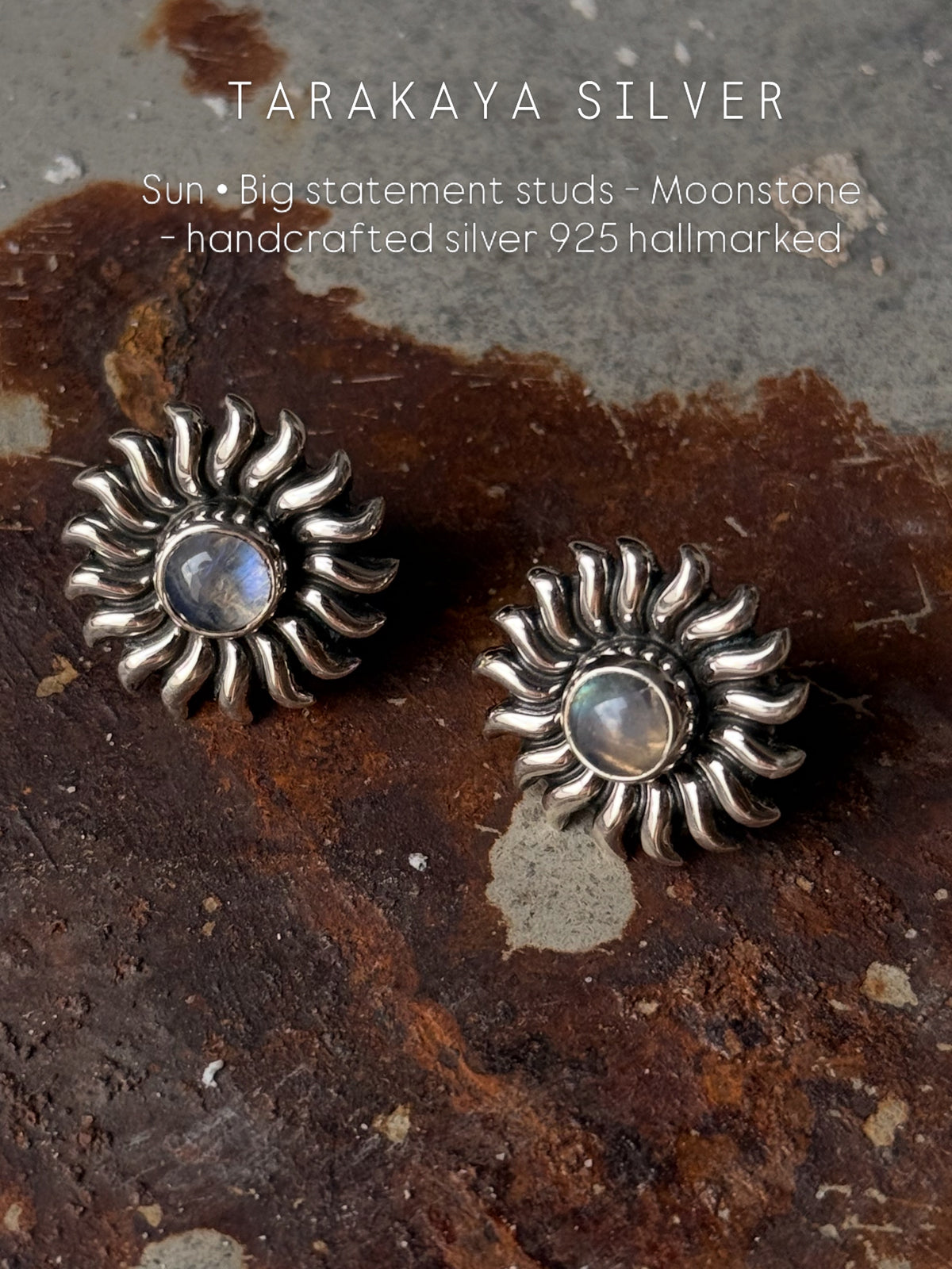 925 Sterling Silver Moonstone Big Sun Stud Earrings