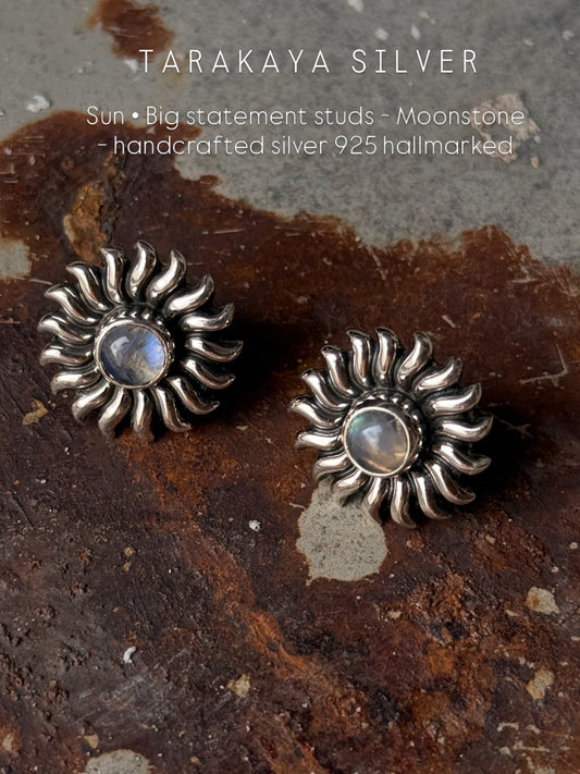 925 Sterling Silver Moonstone Big Sun Stud Earrings