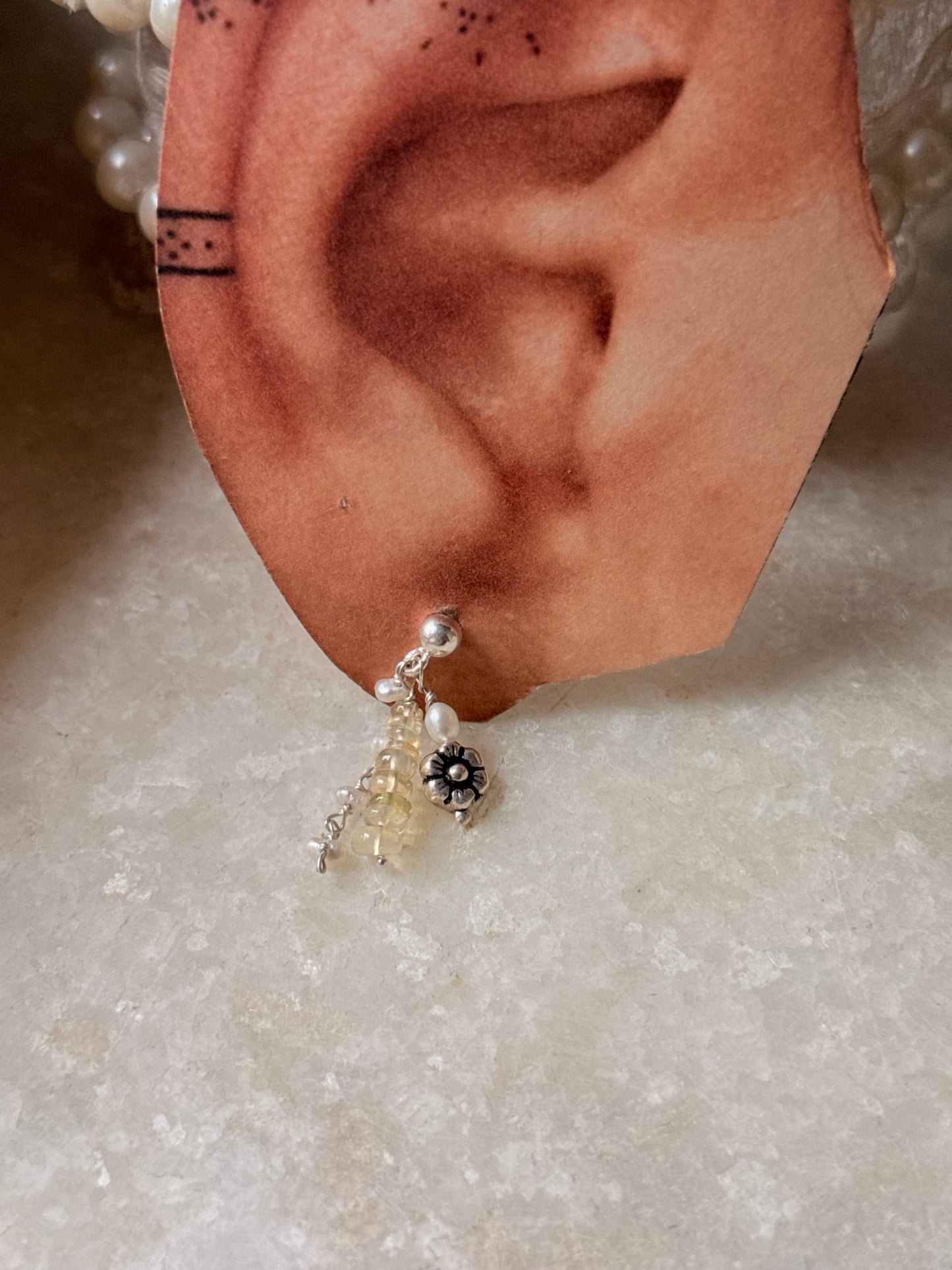 925 Sterling Silver Ethiopian Opals & Fresh Water Pearls Hand beaded , Floral Charm Handcrafted Studs Earrings