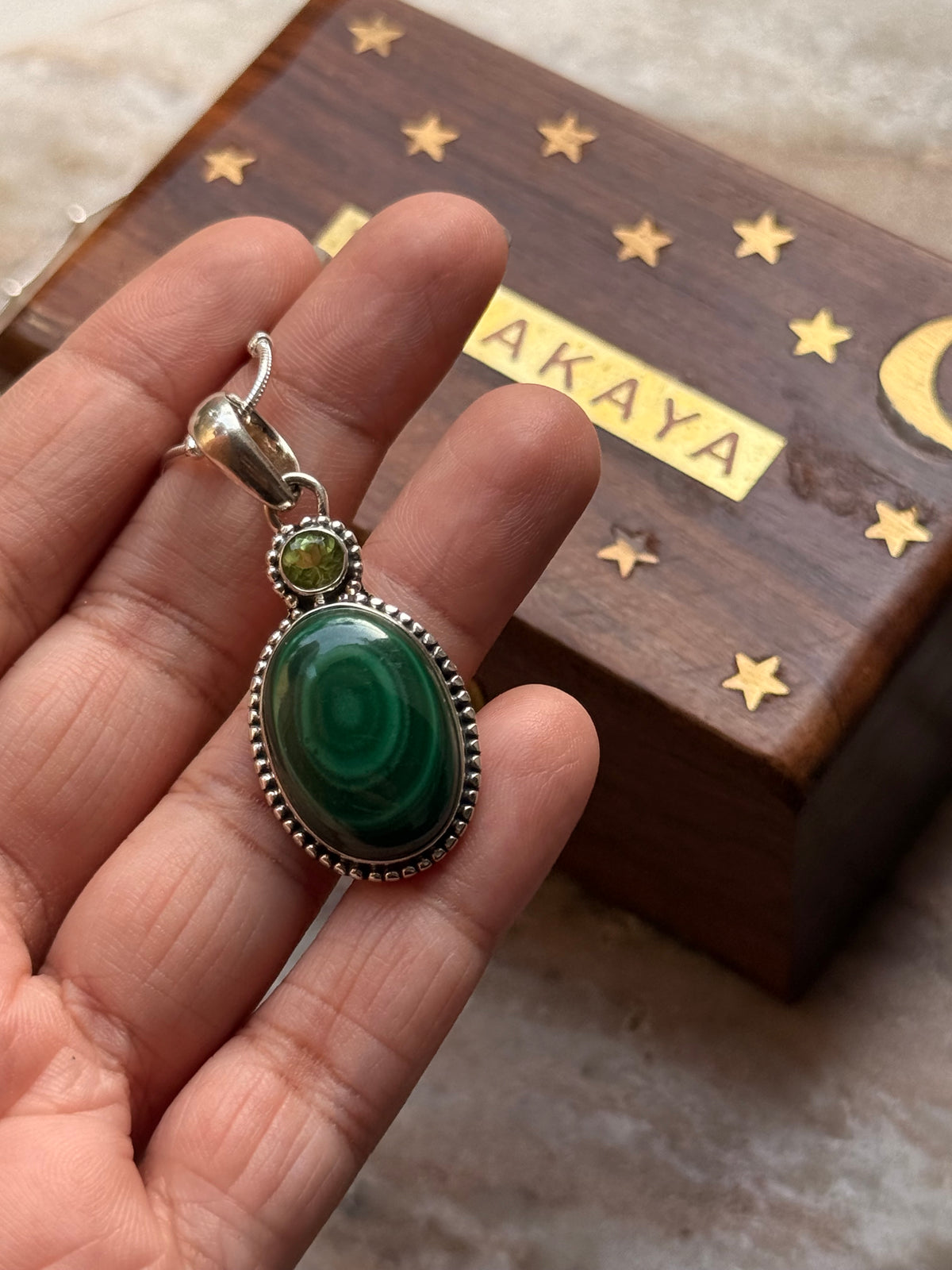 925 Sterling Silver Malachite Oval &  Peridot Round Faceted Handcrafted One of a Kind Pendant