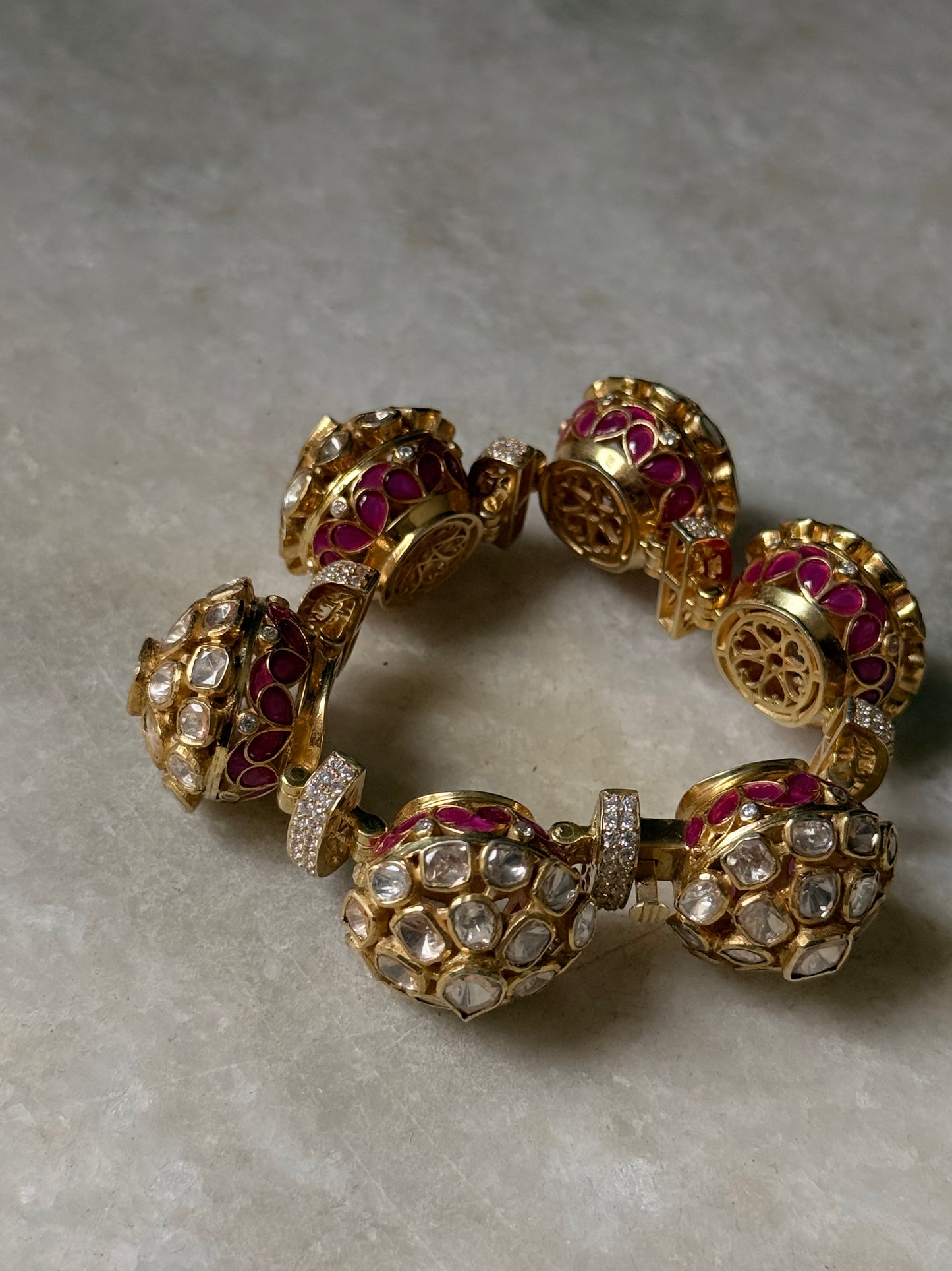 925 Sterling Silver Gold Plated Antique Moissanite Polki Pink Kundan Statement Bracelet
