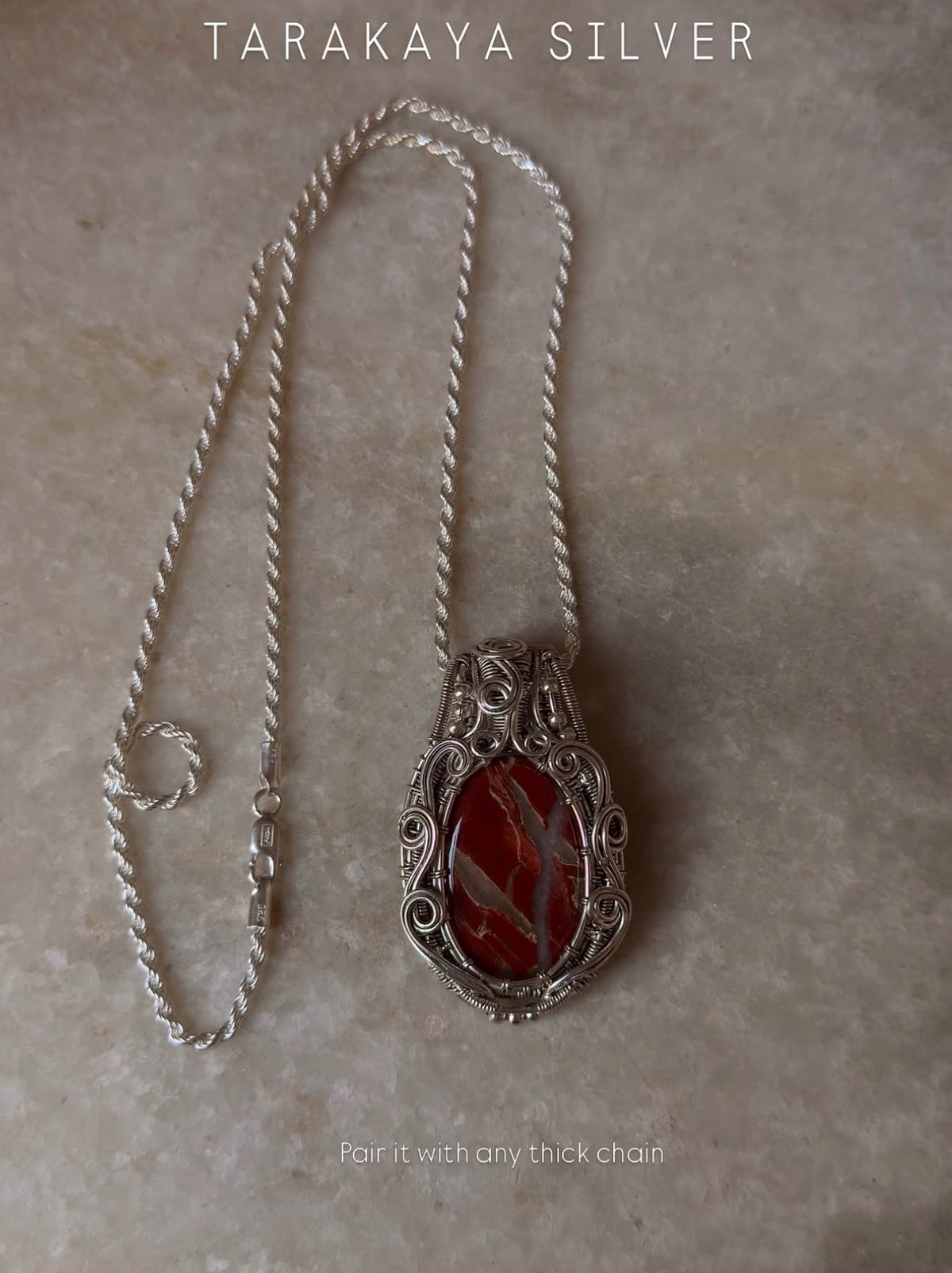 925 Sterling Silver Red Jasper Crystal Wire Wrapped Statement Pendant