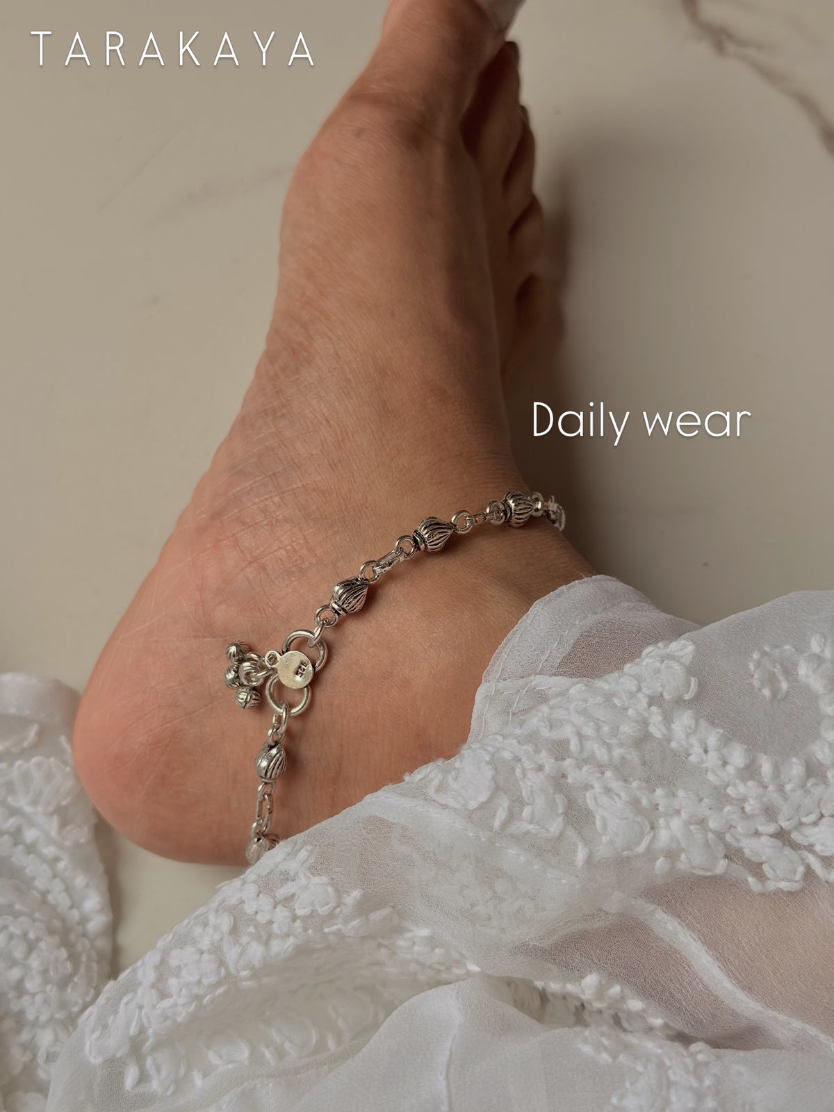 925 Sterling Silver Tribal Shell Textured Balls Handcrafted Anklet