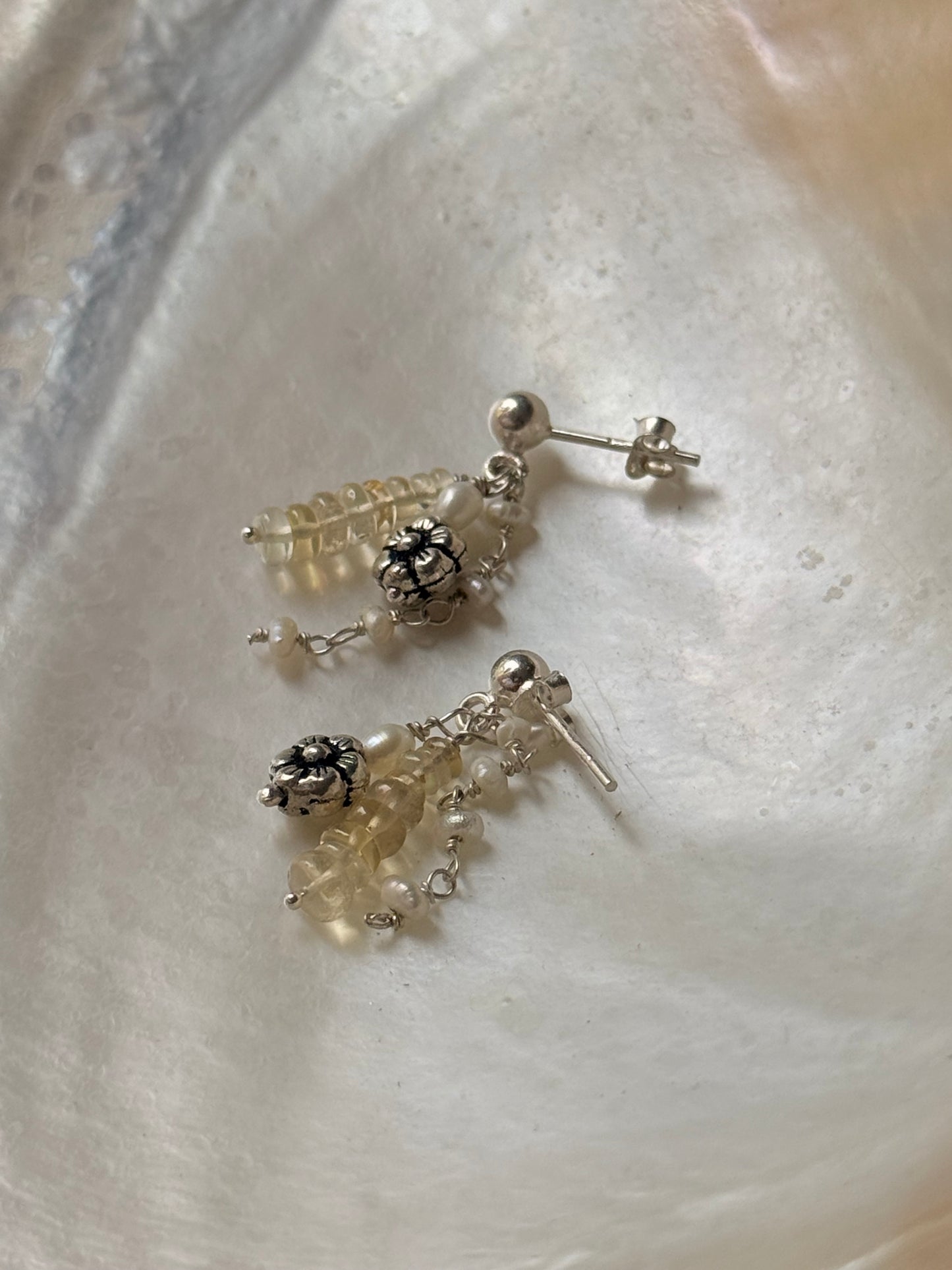 925 Sterling Silver Ethiopian Opals & Fresh Water Pearls Hand beaded , Floral Charm Handcrafted Studs Earrings