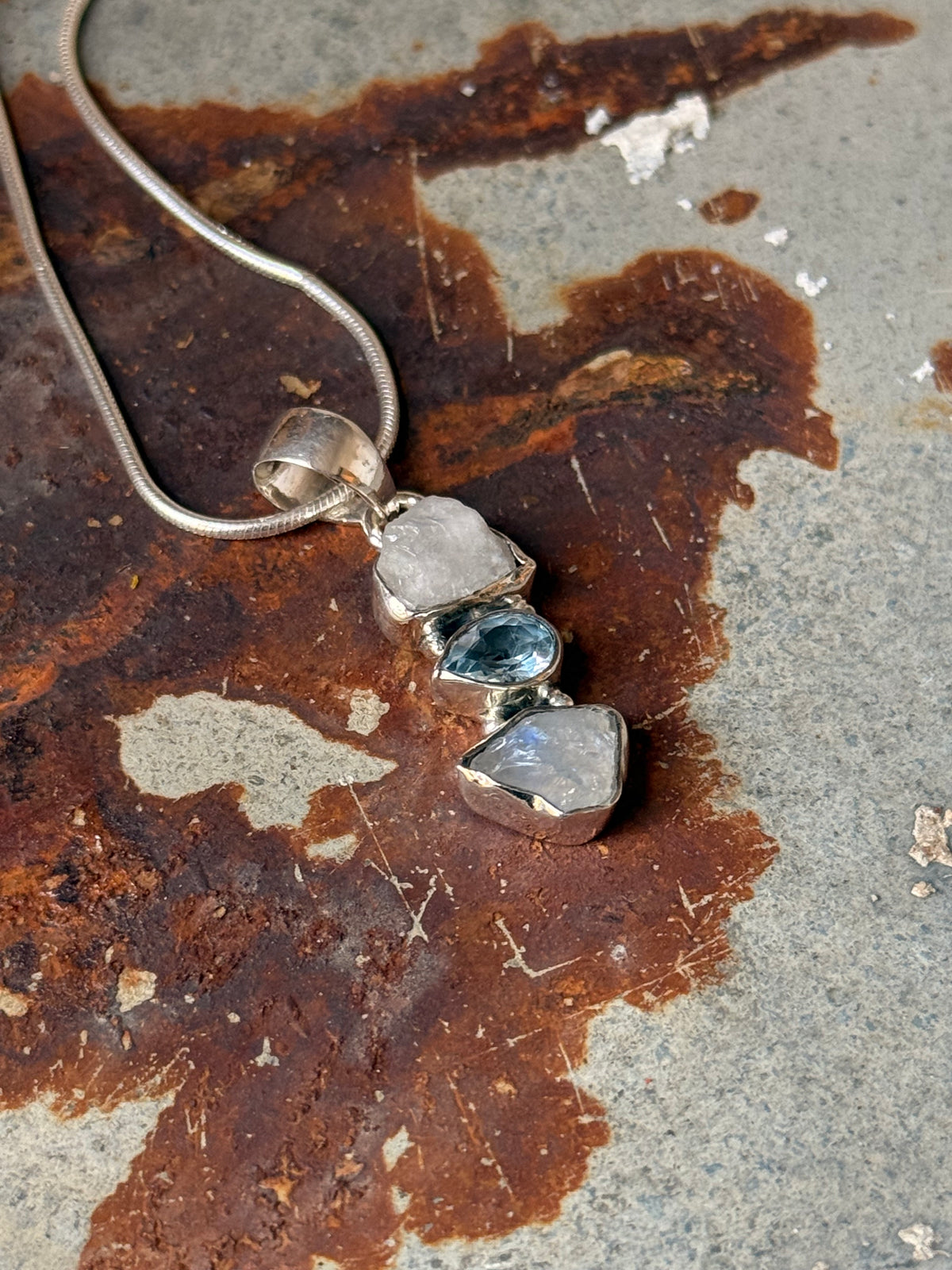 925 Sterling Silver Blue Topaz, Moonstone Raw Cluster Handcrafted One of a Kind Pendant