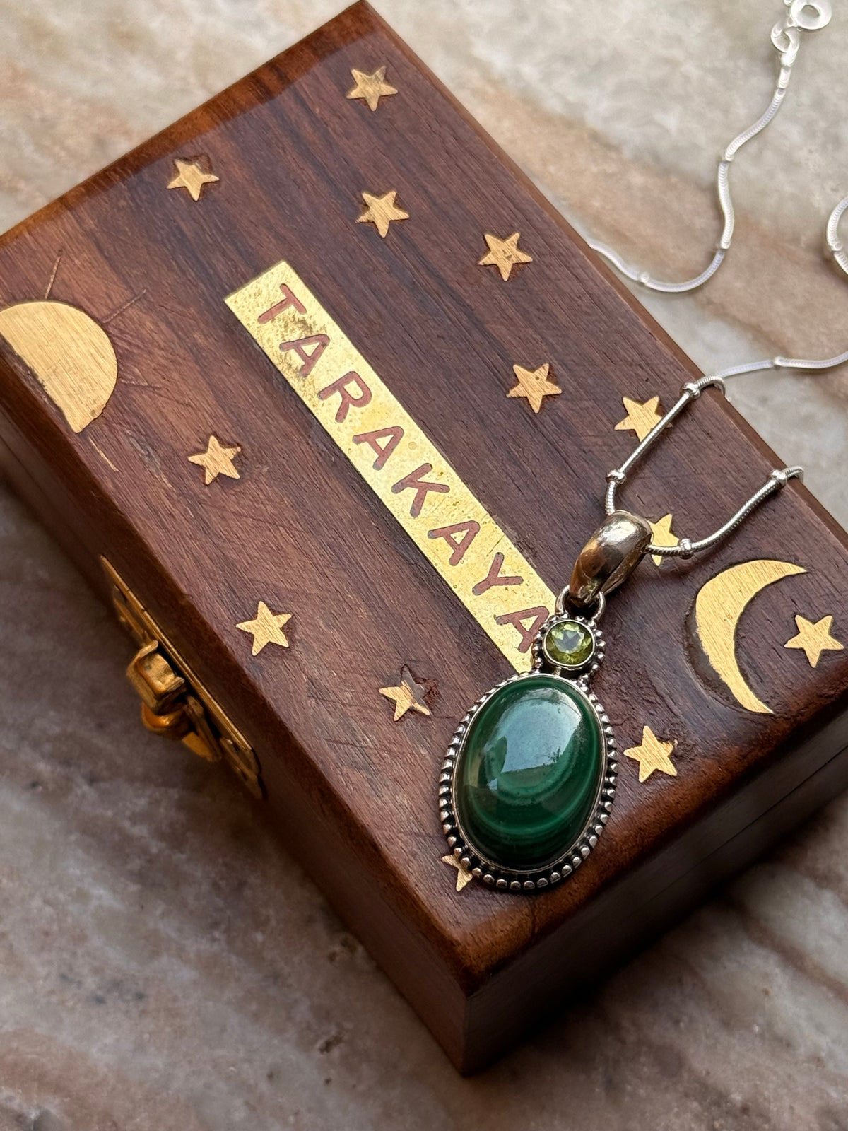 925 Sterling Silver Malachite Oval &  Peridot Round Faceted Handcrafted One of a Kind Pendant