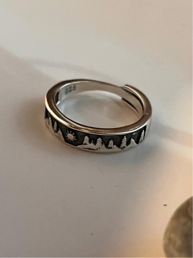 Sterling Silver Adjustable Ring Featuring Mountain, Pine Tree, and Sun Elements
