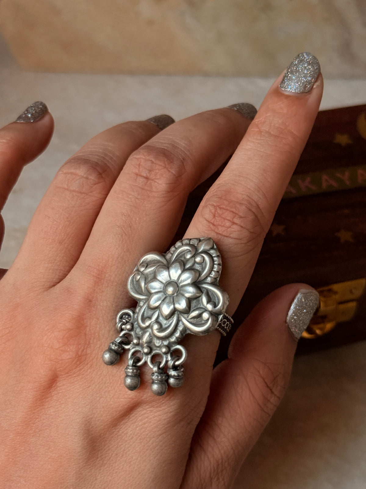 925 Sterling Silver Antique Ghungroo Handcrafted Adjustable Ring