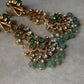 925 Sterling Silver Gold Plated Antique Moissanite Polki Green Onyx , Fresh Water Pearls Statement Earrings