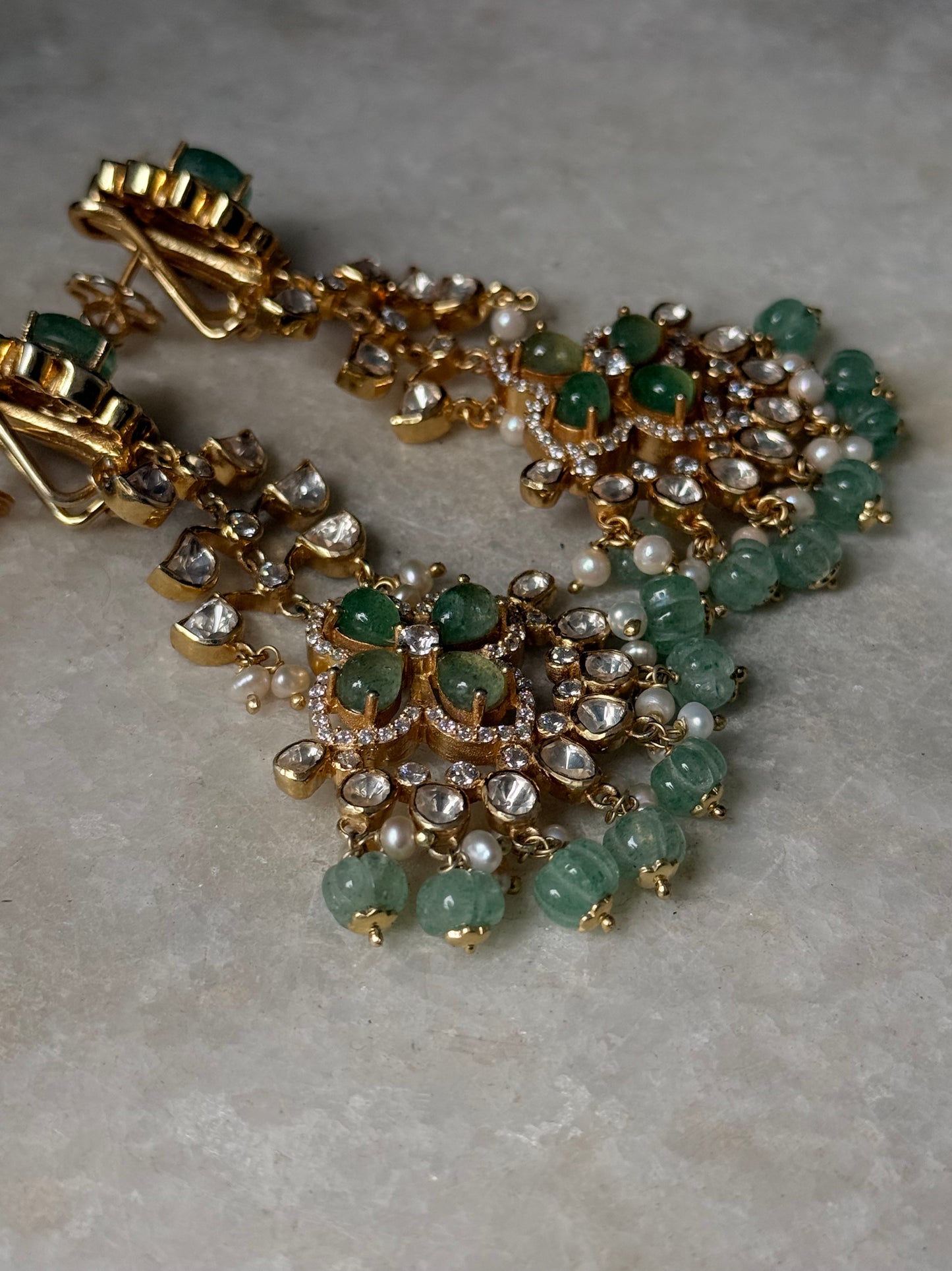 925 Sterling Silver Gold Plated Antique Moissanite Polki Green Onyx , Fresh Water Pearls Statement Earrings