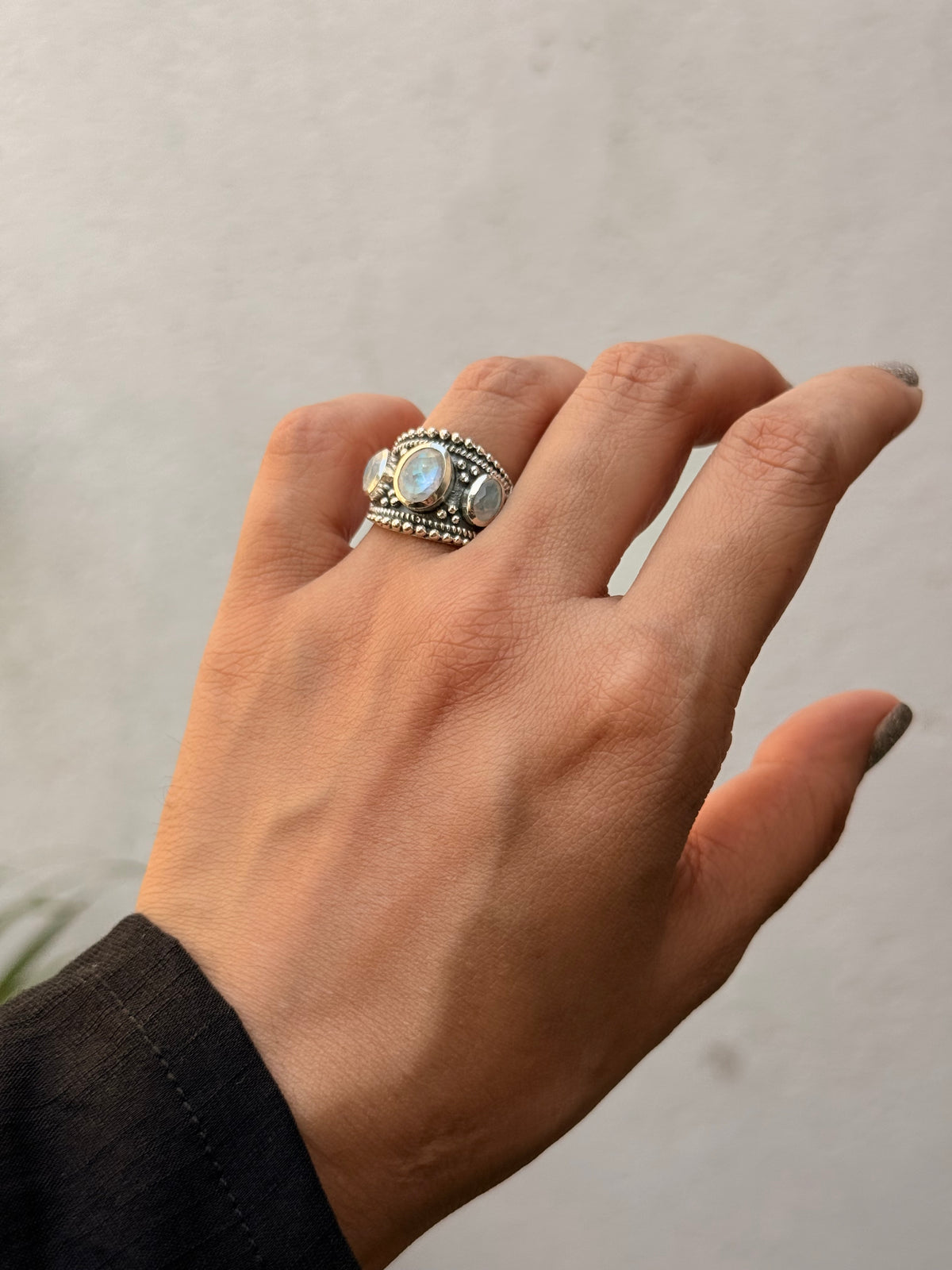 925 Sterling Silver Moonstone 3 Stone Boho Statement Handcrafted Ring