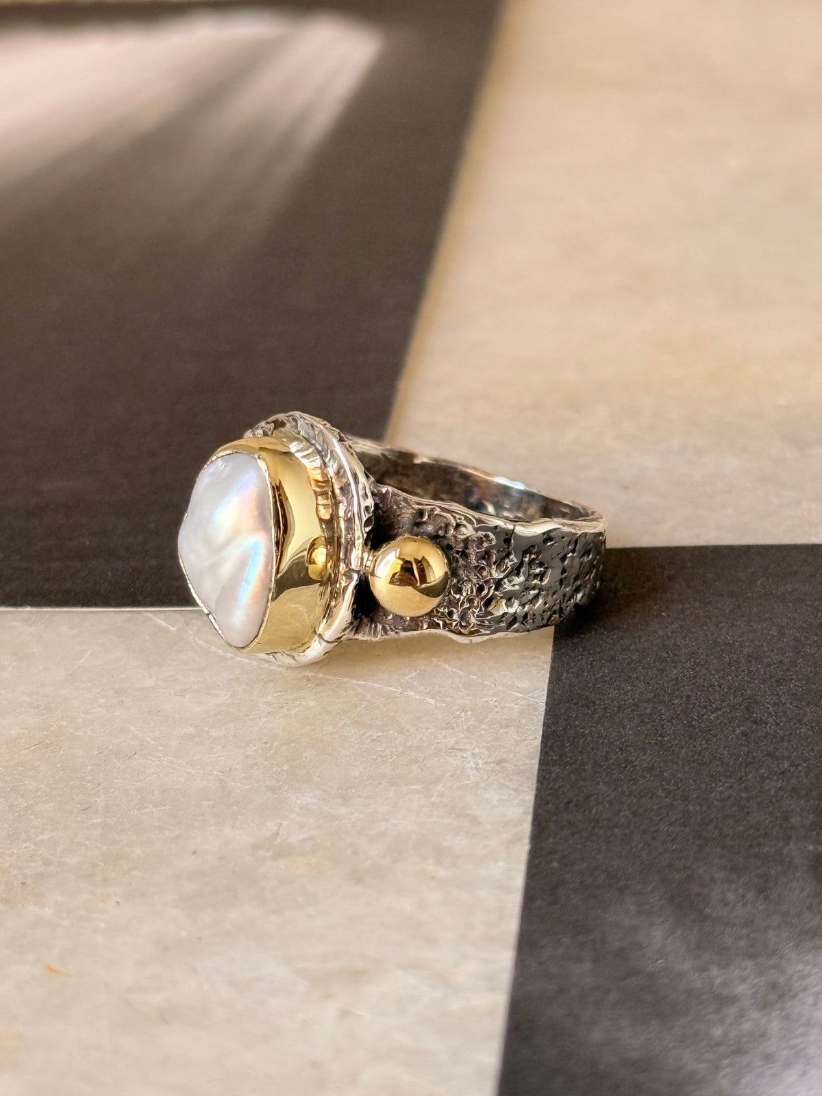 925 Sterling Silver Baroque Pearl Rustic Fusion Handcrafted Ring