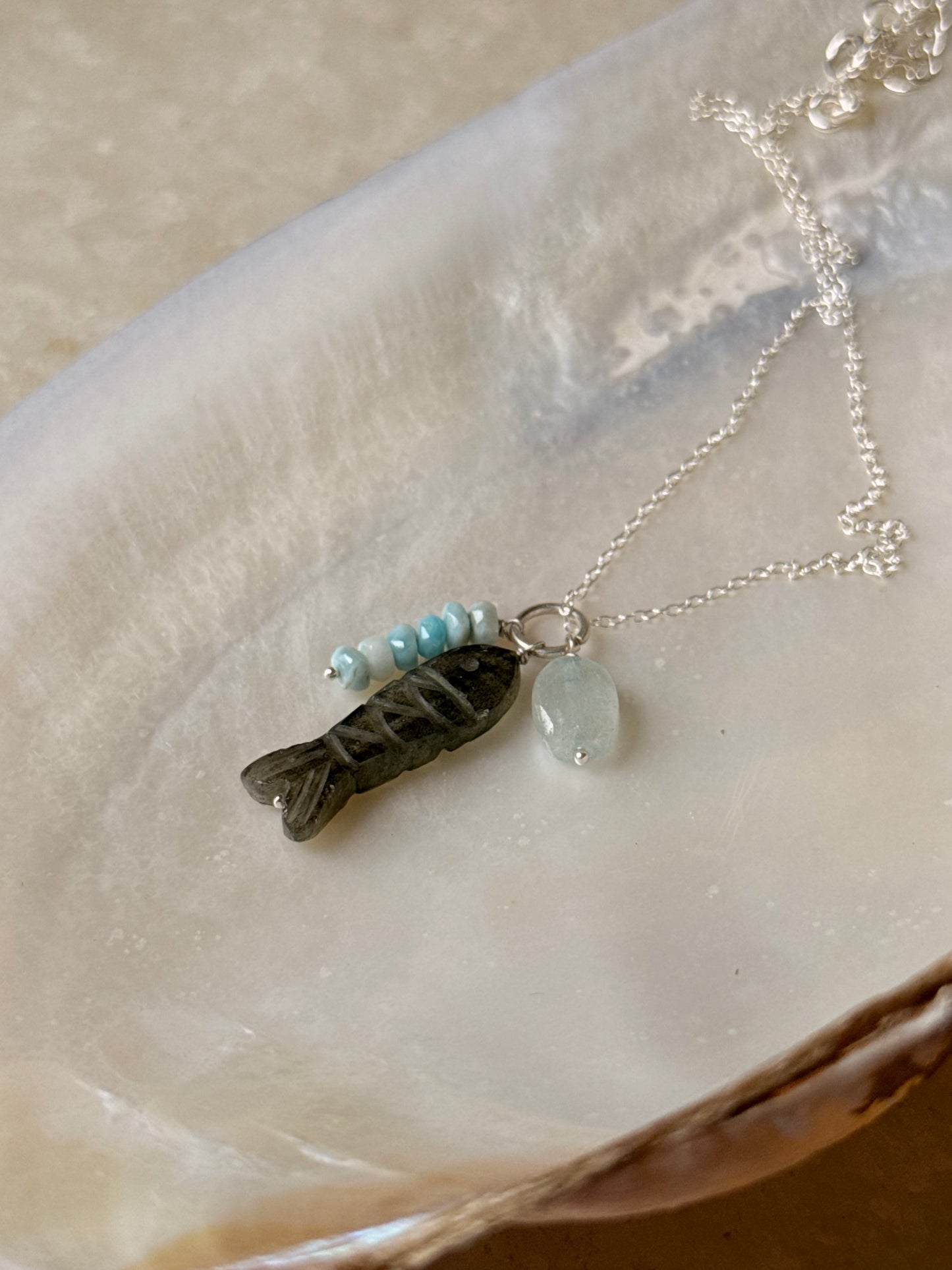 925 Sterling Silver Labradorite Fish Carved , Larimar & Aquamarine Small Tumble Charms Dainty Cable Chain Necklace