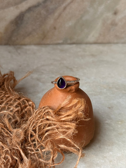 Amethyst Pear Tribal Engraved Adjustable 925 Sterling Silver Ring