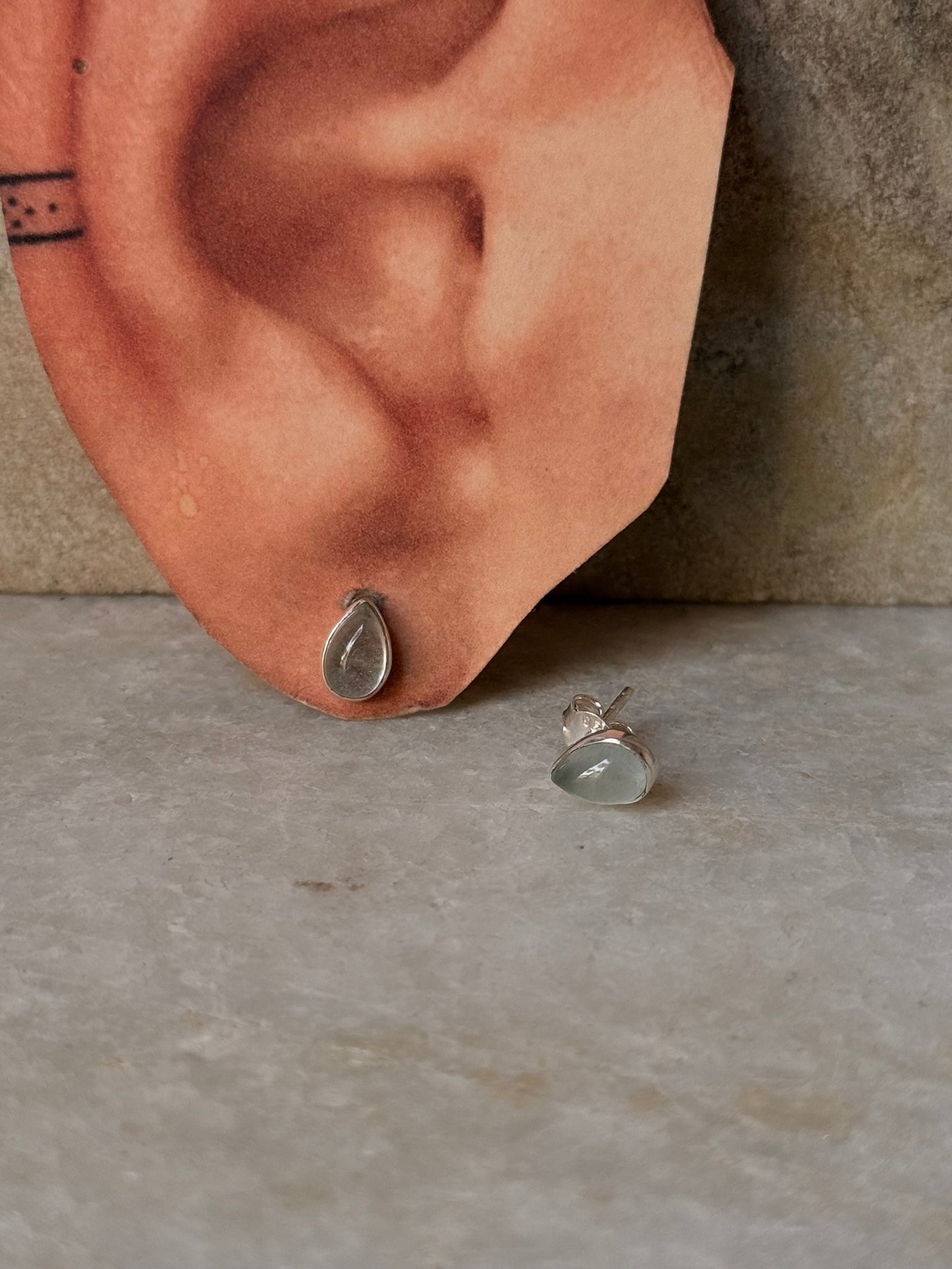 925 Sterling Silver Aquamarine Small Pear Cab Studs Earrings
