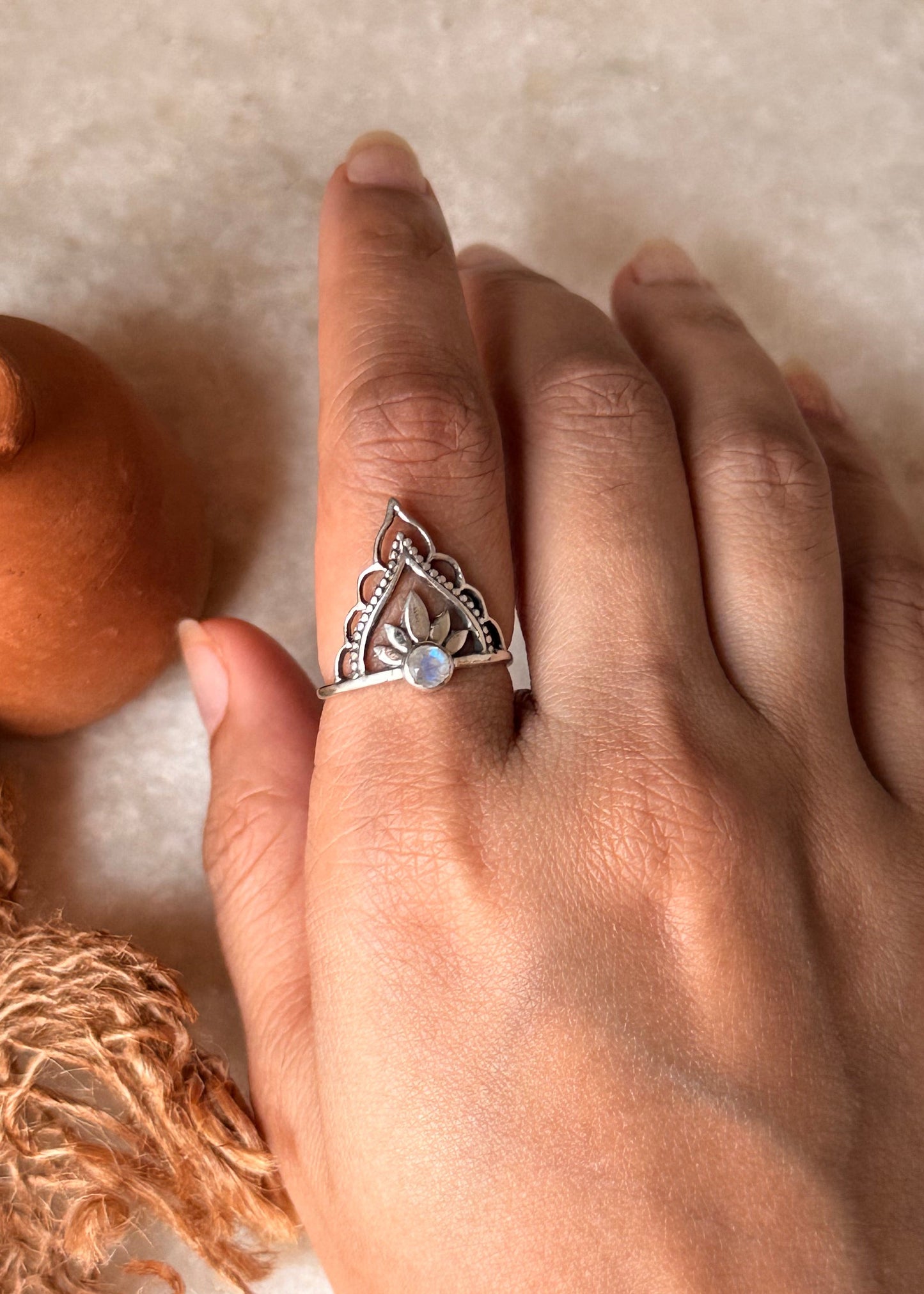 925 Sterling Silver Moonstone Crown Boho Ring