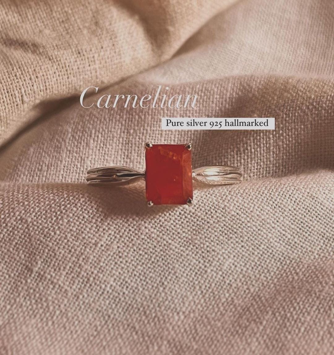 Carnelian rectangular stone set in a sleek silver ring