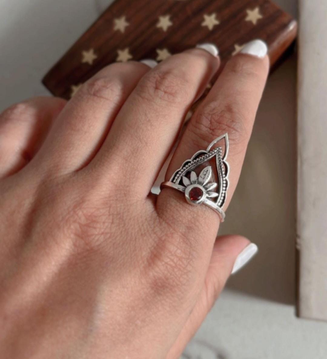 Boho crown stack silver ring with garnet gemstone