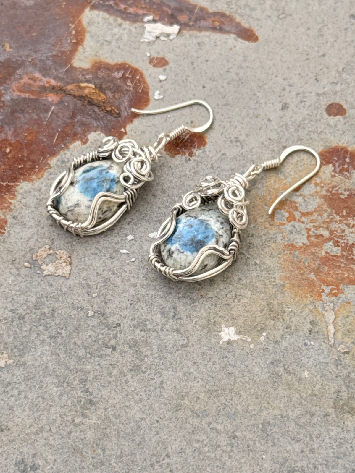 925 Sterling Silver Jasper Hook Wire Wrap Handcrafted Spiral Earrings