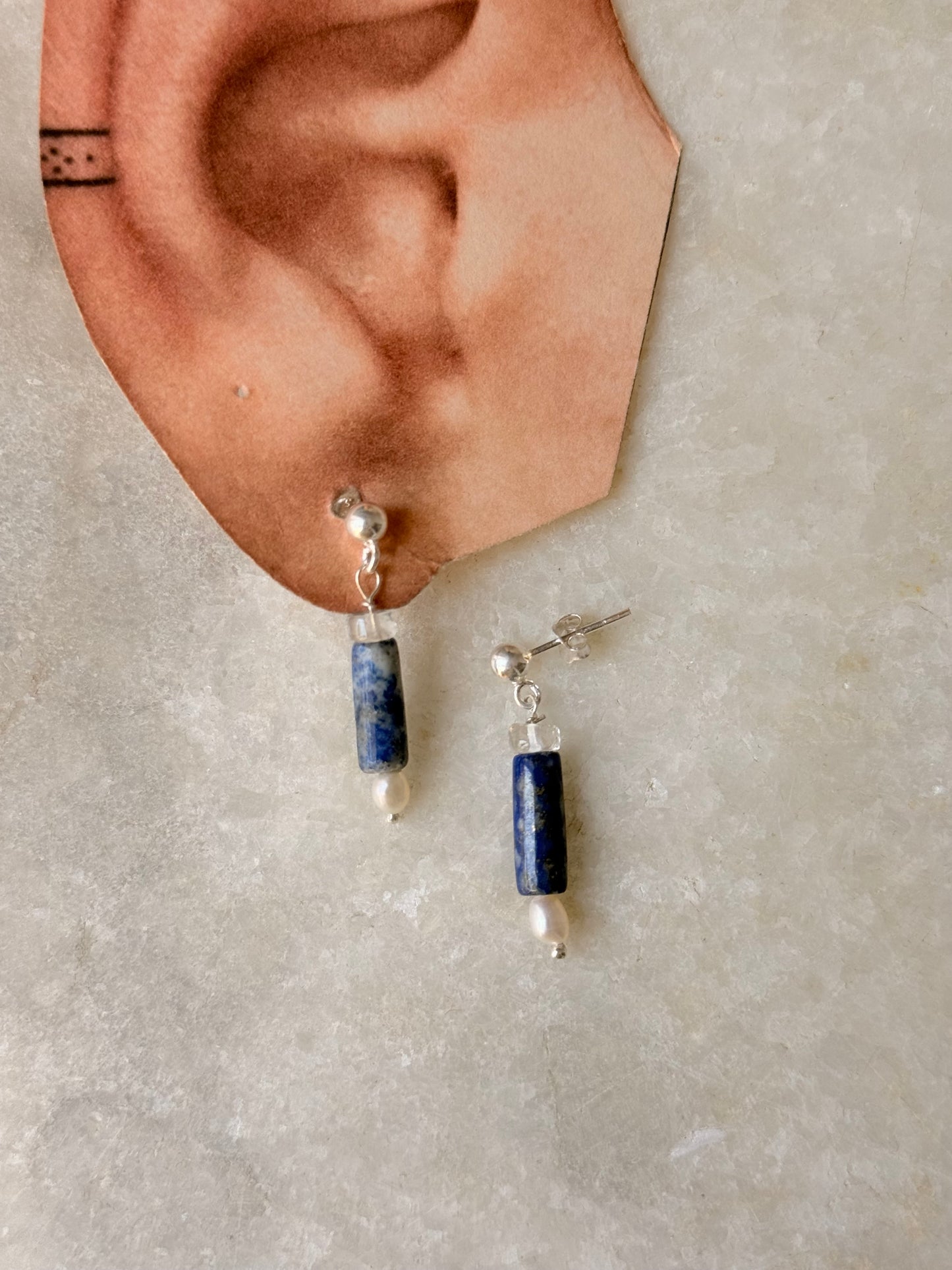925 Sterling Silver Lapis Lazuli, Clear Quartz & Pearl Studs Earrings
