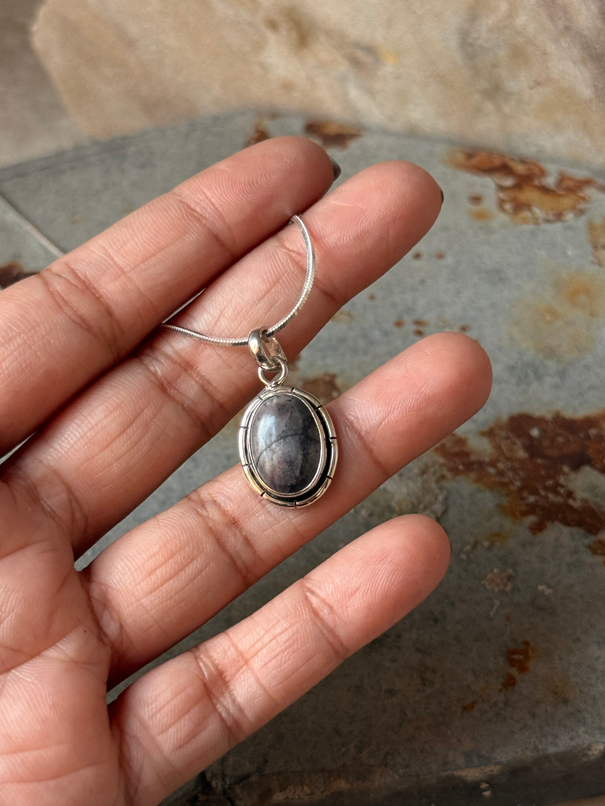 925 Sterling Silver Black Linning Oval Jasper Pendant