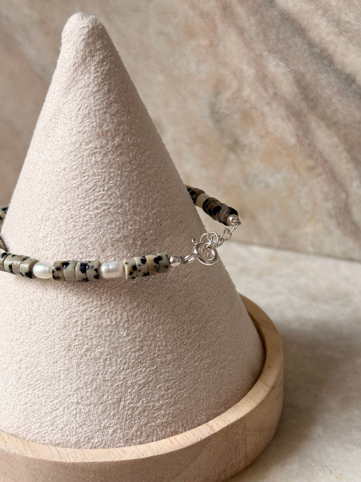 925 Sterling Silver Dalmatian Jasper Flat Tube Crystal Fresh Water Pearls Bracelet