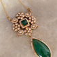 925 Sterling Silver Gold Plated Antique Moissanite Polki Green Onyx , Fresh Water Pearls Pear Drop Necklace