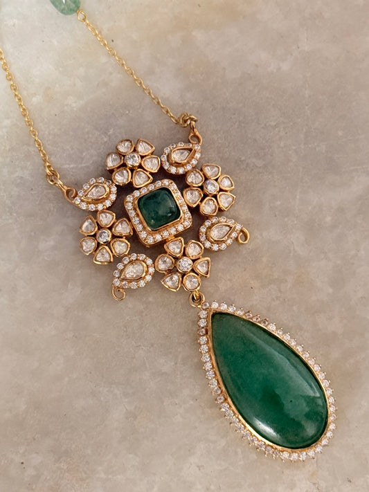 925 Sterling Silver Gold Plated Antique Moissanite Polki Green Onyx , Fresh Water Pearls Pear Drop Necklace