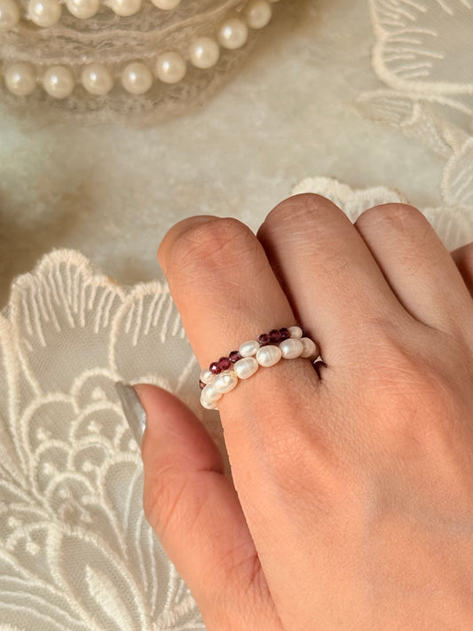 Natural Crystal Stretchy Fresh Water Pearl & Garnet Pearl Rings