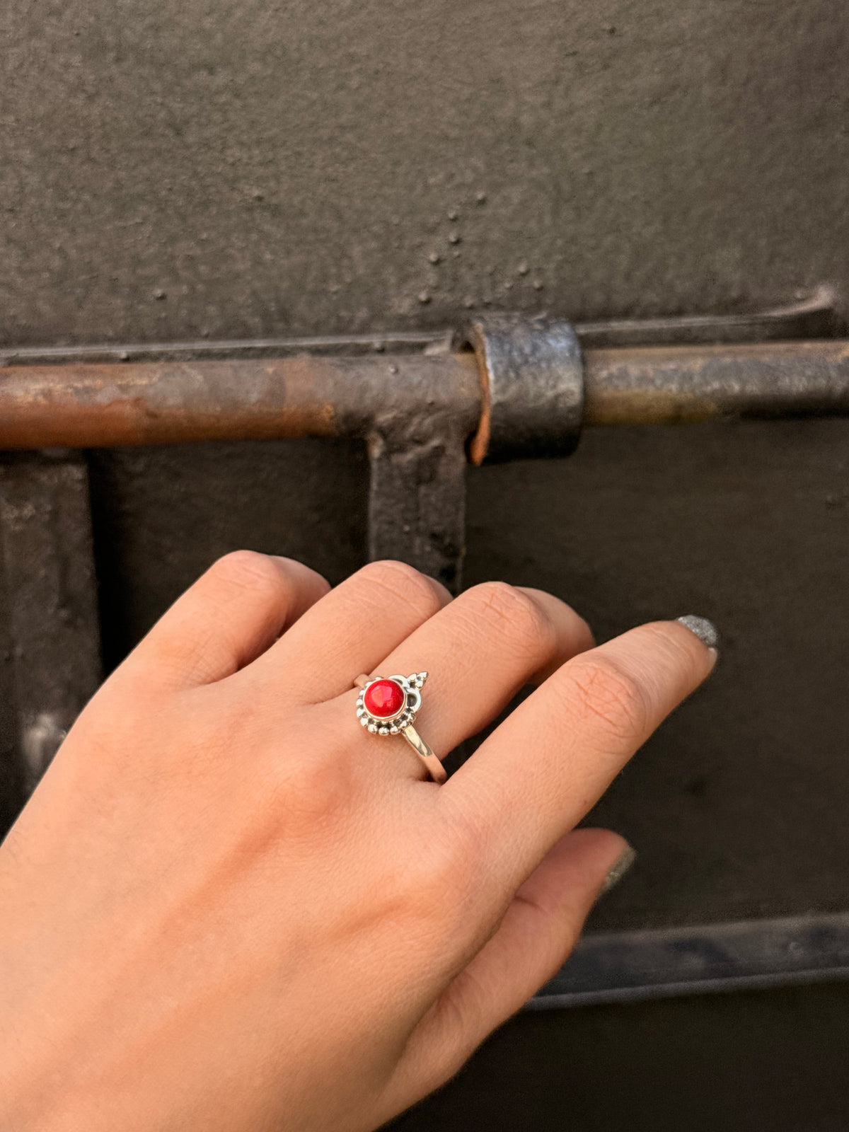 925 Sterling Silver Red Coral Boho Ring