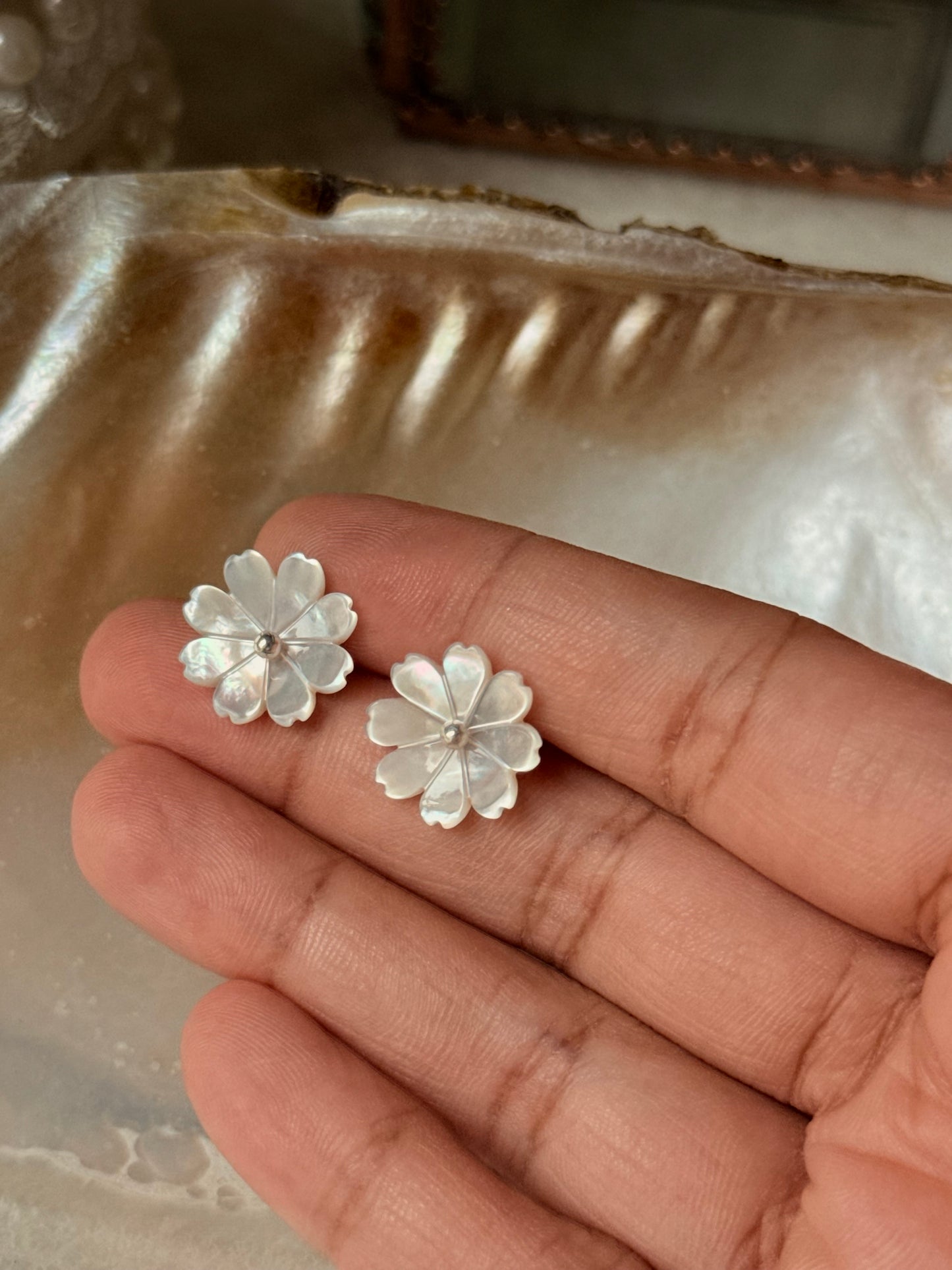 925 Sterling Silver Mother of Pearl Flower Carved - 2mm Tiny Studs- 2 in 1