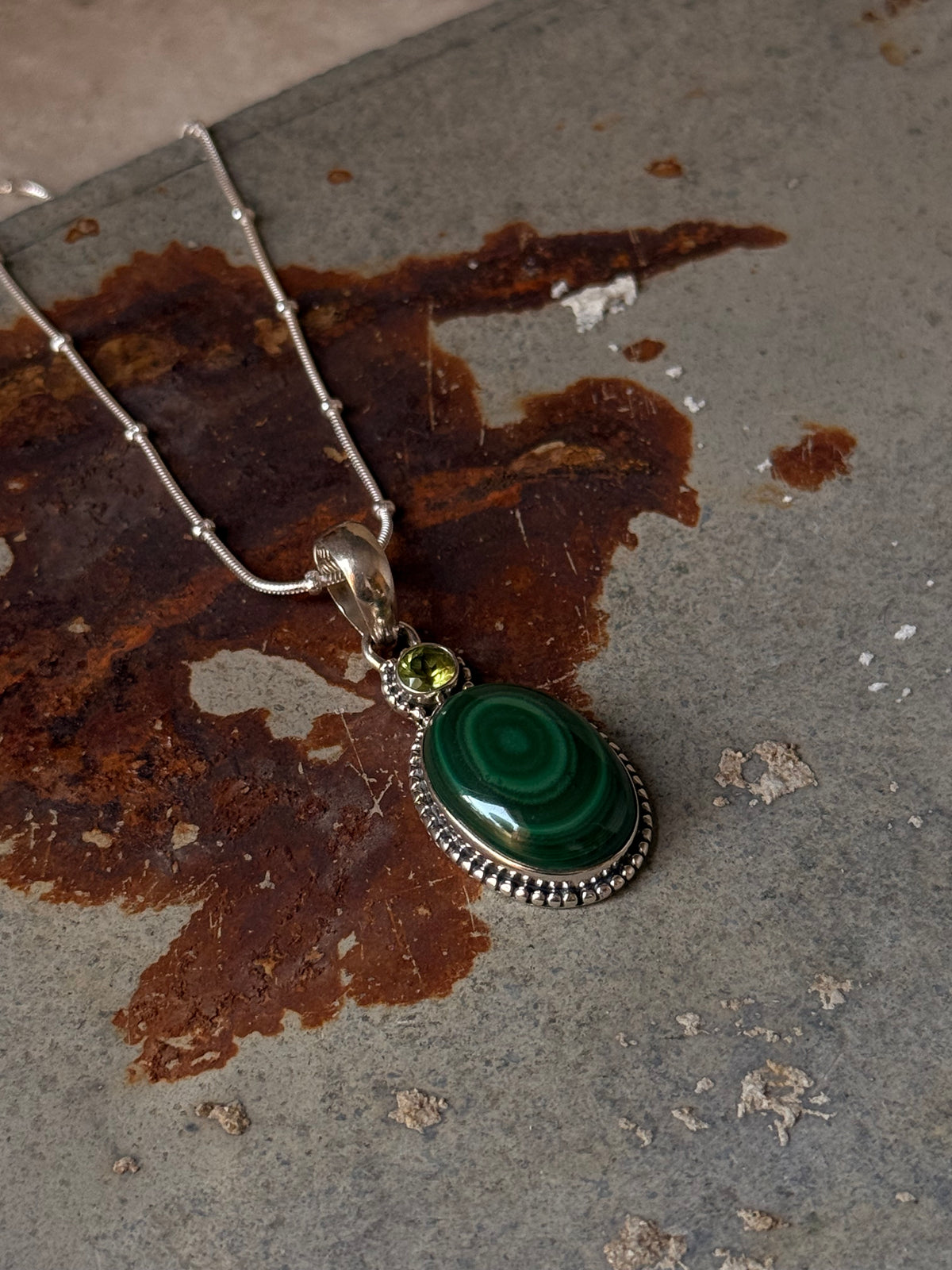 925 Sterling Silver Malachite Oval &  Peridot Round Faceted Handcrafted One of a Kind Pendant