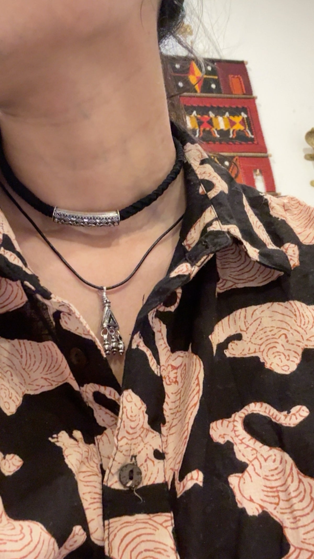 925 Sterling Silver Black Leather Cord Knot Mandali Choker Necklace