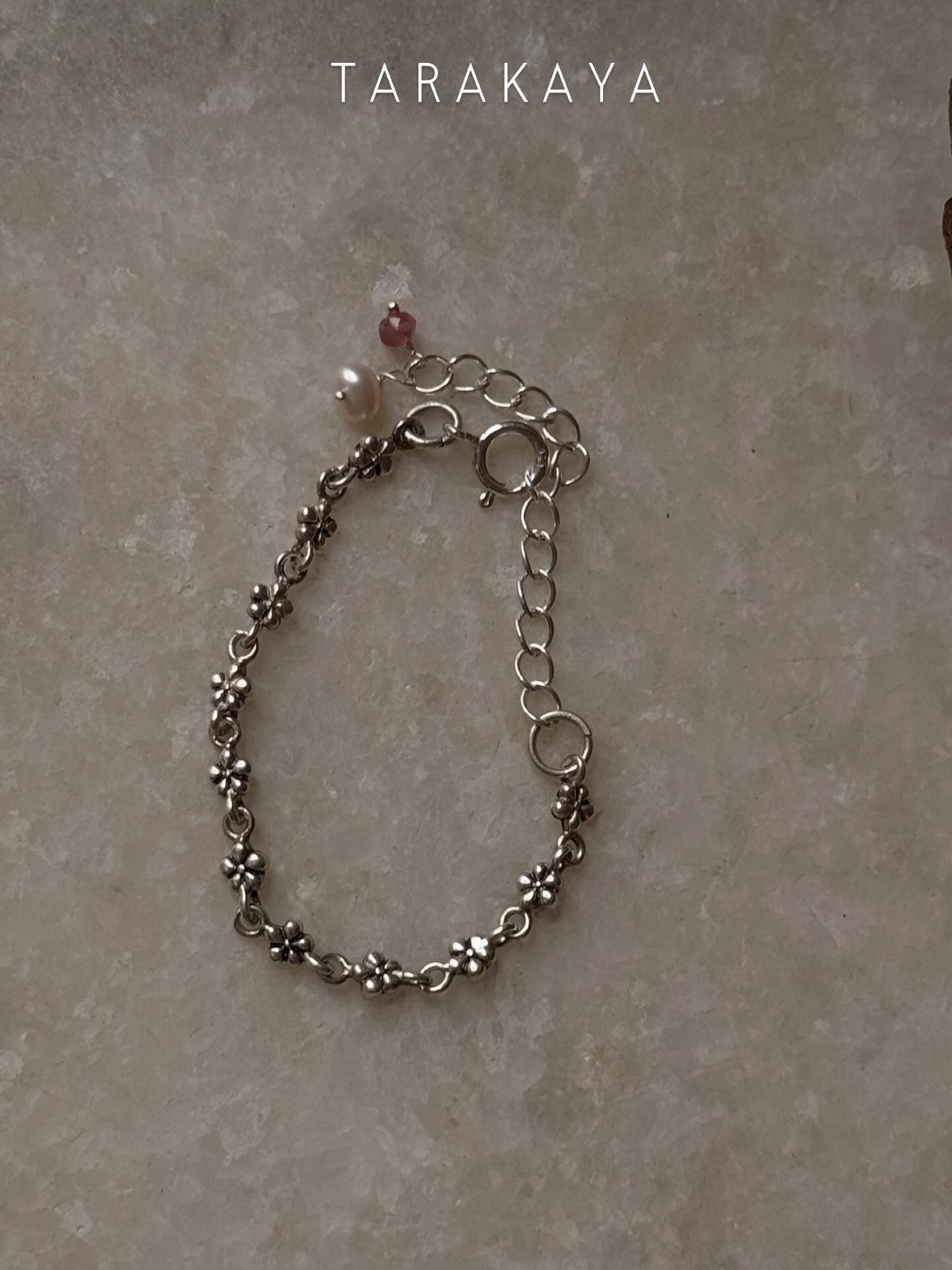 925 Sterling Silver Antique Cherry Blossom Flowers ~ Pink Tourmaline & Fresh Water Pearl Charm Bracelet