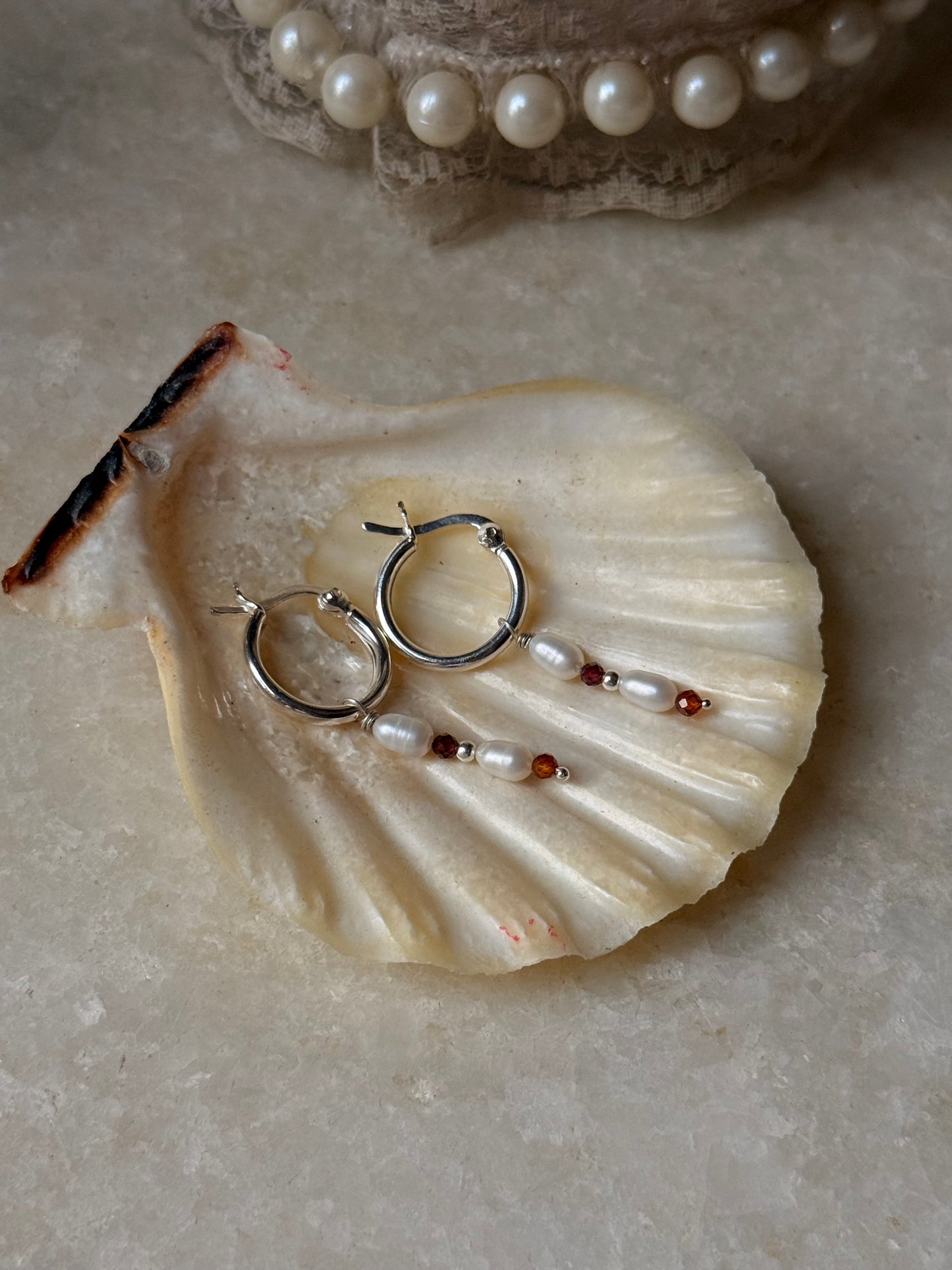 925 Sterling Silver Hessonite 2mm Fresh Water Pearl Hoops Earrings