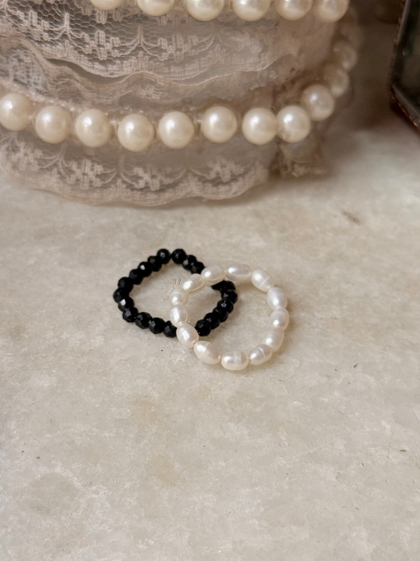 Natural Crystal Stretchy Black Spinel 3-4mm & Fresh Water Pearl Rings