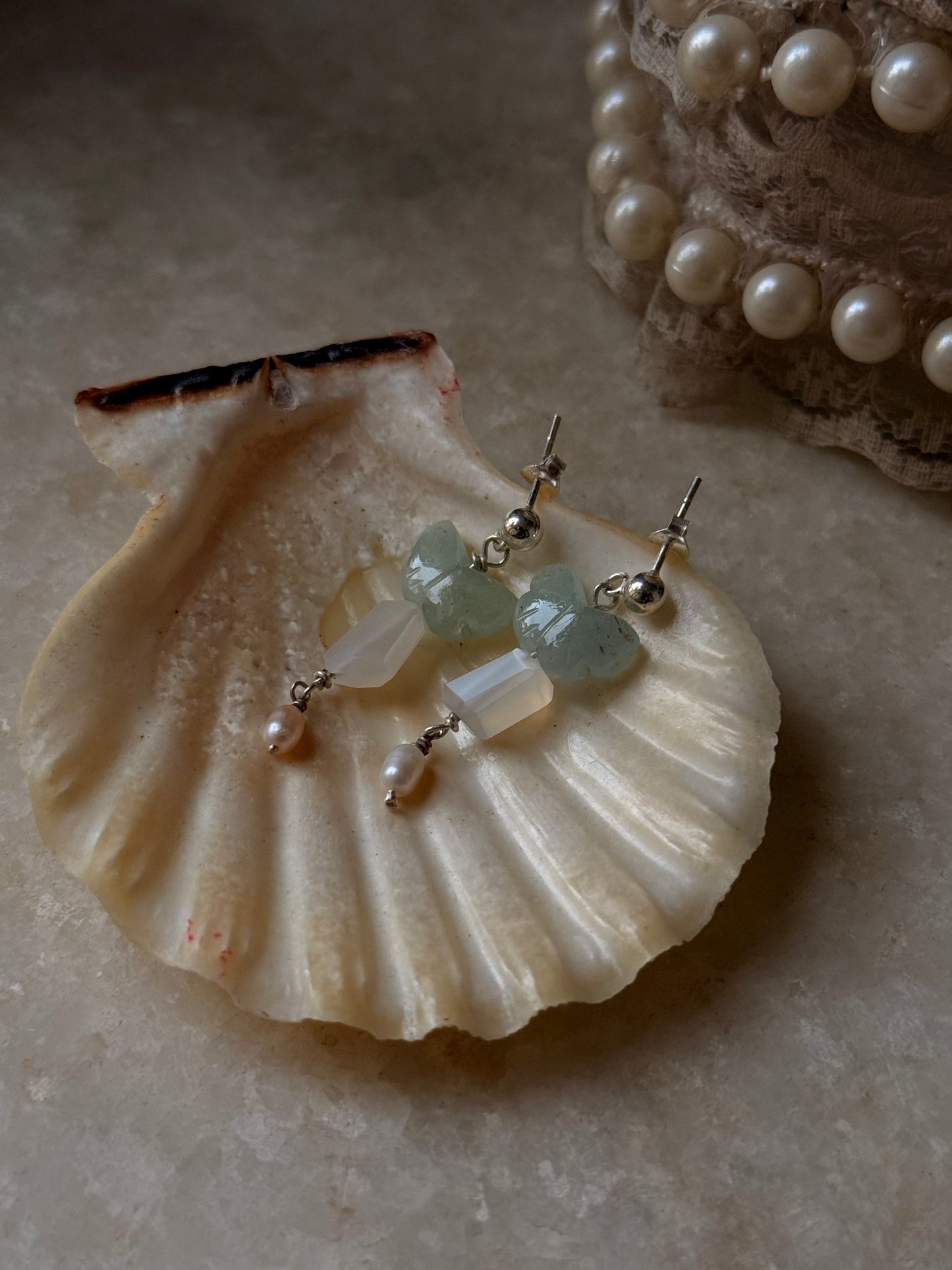 925 Sterling Silver Aquamarine Butterfly Moonstone Fresh Water Pearl Studs Earrings