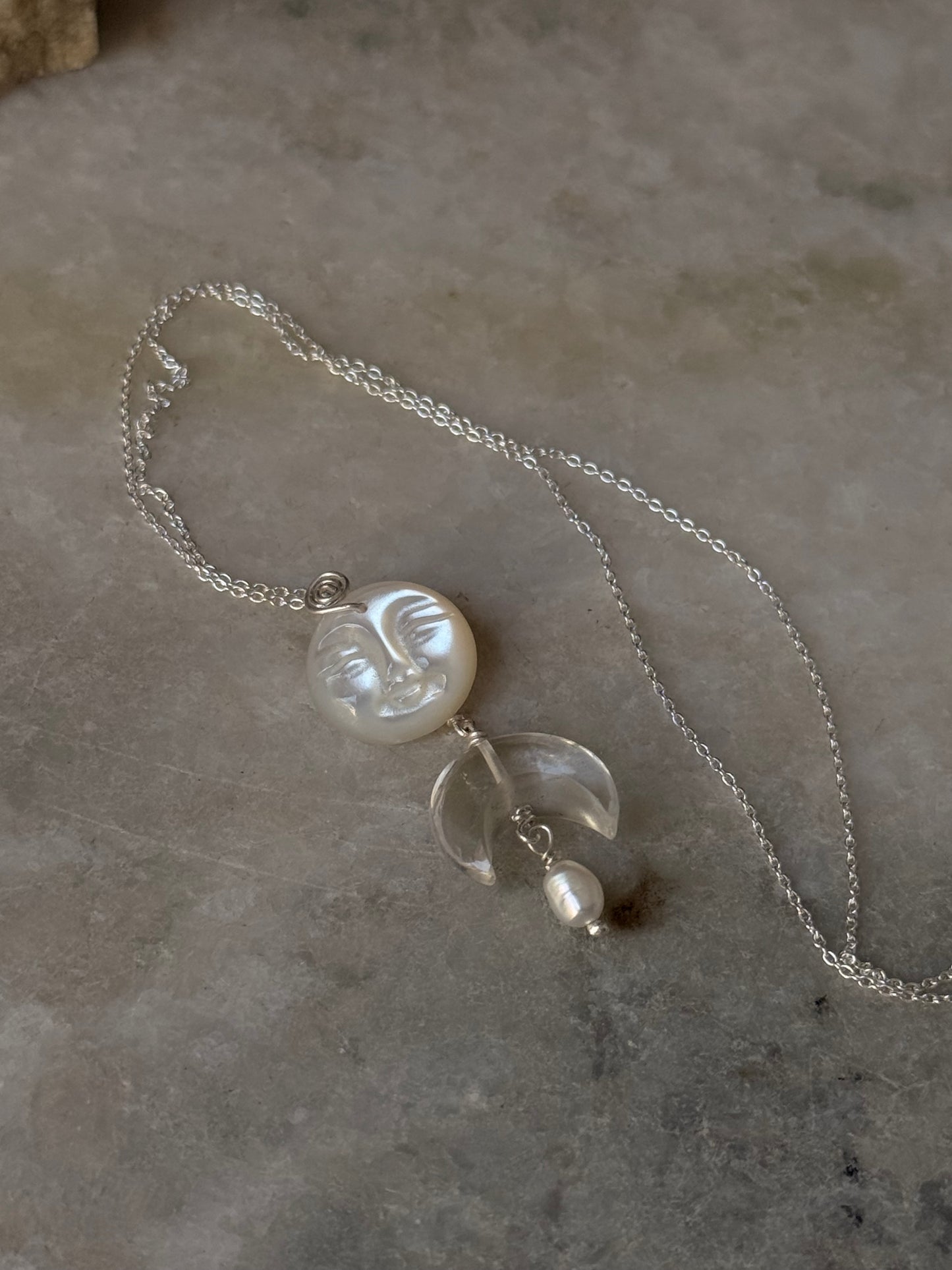 925 Sterling Silver Mother of Pearl Full Moon Face Spiral Carved, Clear Quartz Moon Handcrafted Necklace