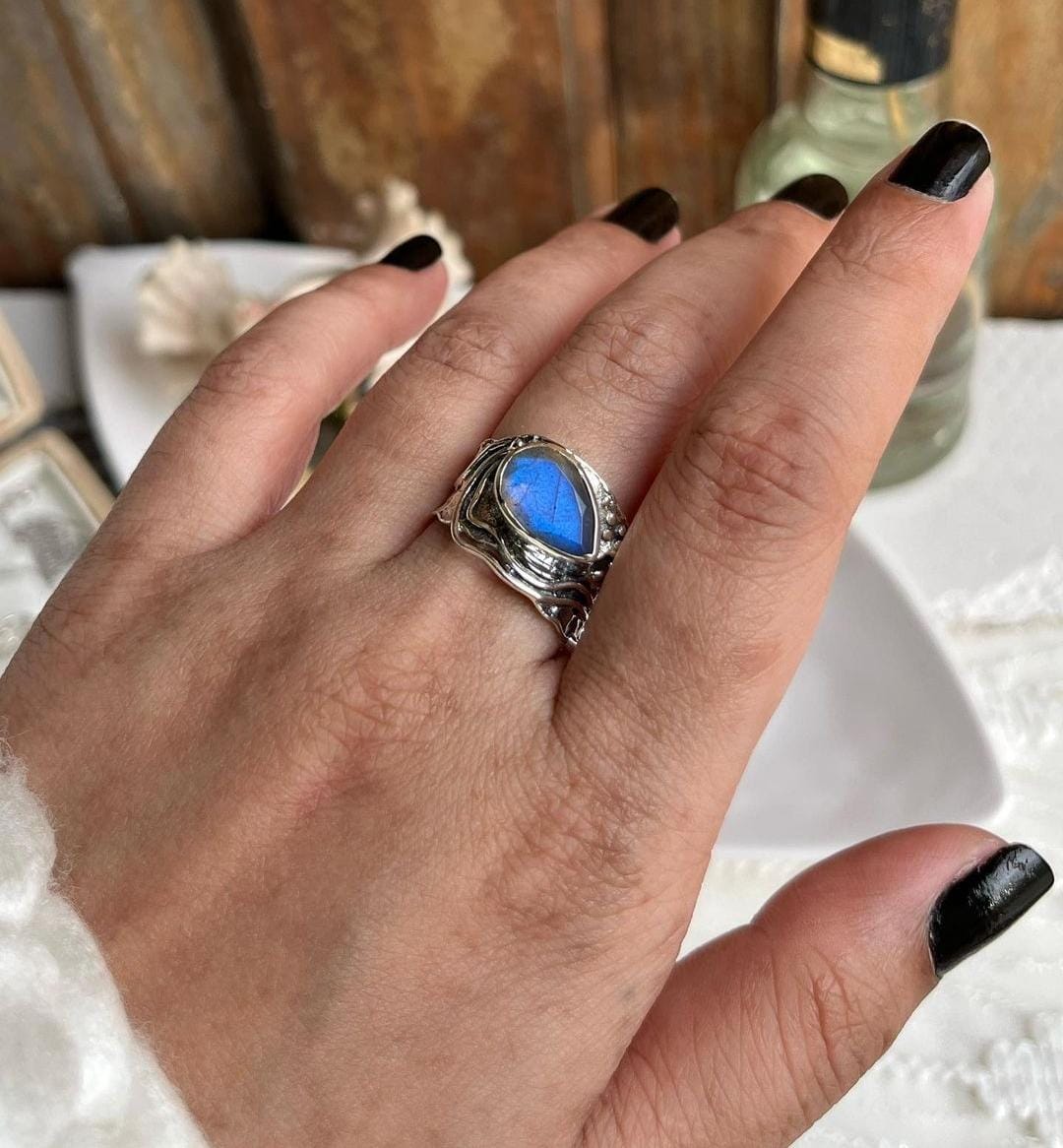 Rustic Silver Ring with Pear-Shaped Labradorite Gemstone